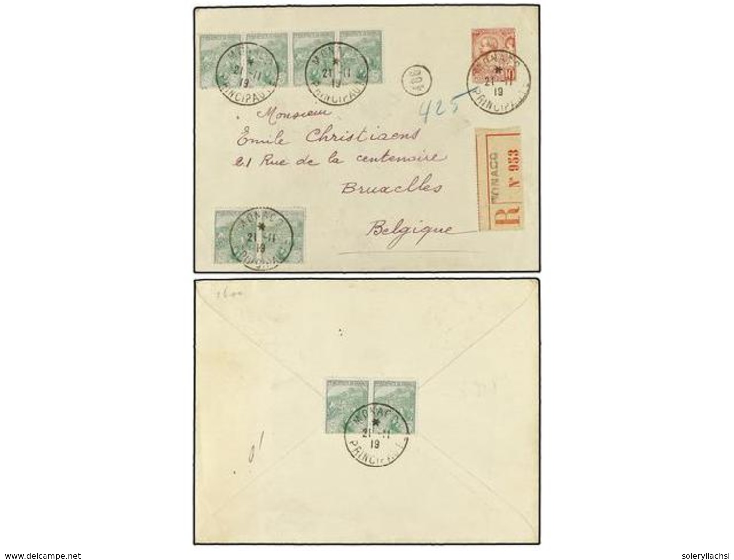 2251 MONACO. 1919. MÓNACO A BÉLGICA. Entero Postal De <B>10 Cts. </B>rojo Con Franqueo Adicional De <B>5+5 Cts. </B>verd - Other & Unclassified