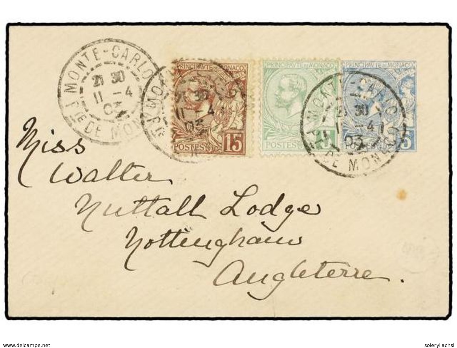 2253 MONACO. 1903. MONTECARLO A INGLATERRA. Sobre Entero Postal De <B>5 Cts.</B> Azul Con Franqueo Adicional De <B>5 Cts - Sonstige & Ohne Zuordnung