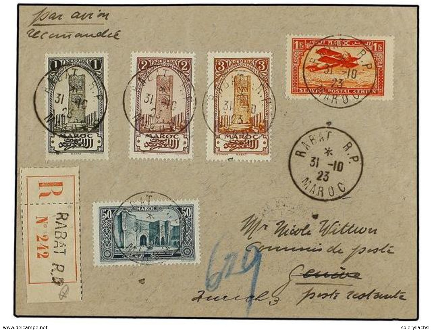 2256 MARRUECOS FRANCES. 1923. RABAT A SUIZA. Carta Certificada, Al Dorso Llegada. - Other & Unclassified