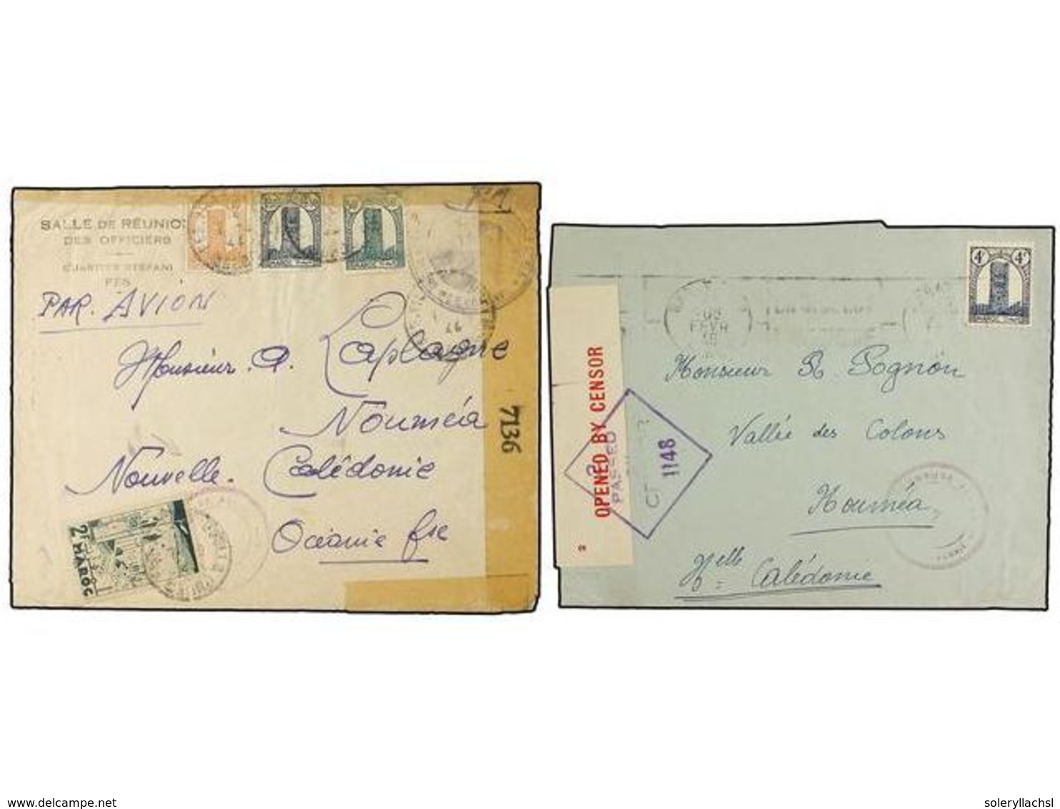 2259 MARRUECOS FRANCES. 1944-45. Two Covers From FES And RABAT To NOUVELLE CALEDONIE With English Censure, Arrival On Re - Sonstige & Ohne Zuordnung