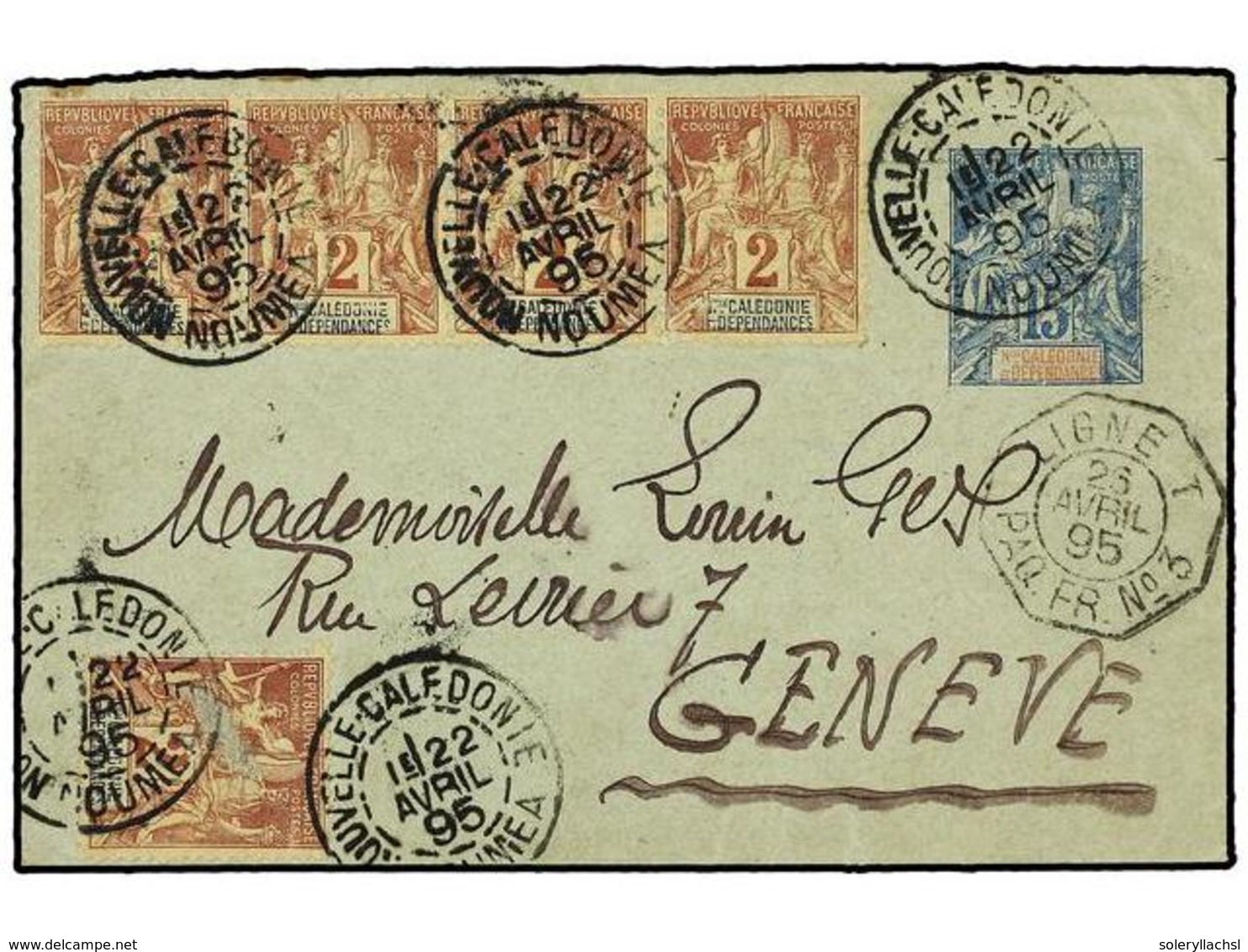 2271 NUEVA CALEDONIA. 1895. Postal Stationary Envelope <B>15 C</B> Blue Upgraded With<B> 2 C</B> Lilac/brown (5) (one St - Other & Unclassified