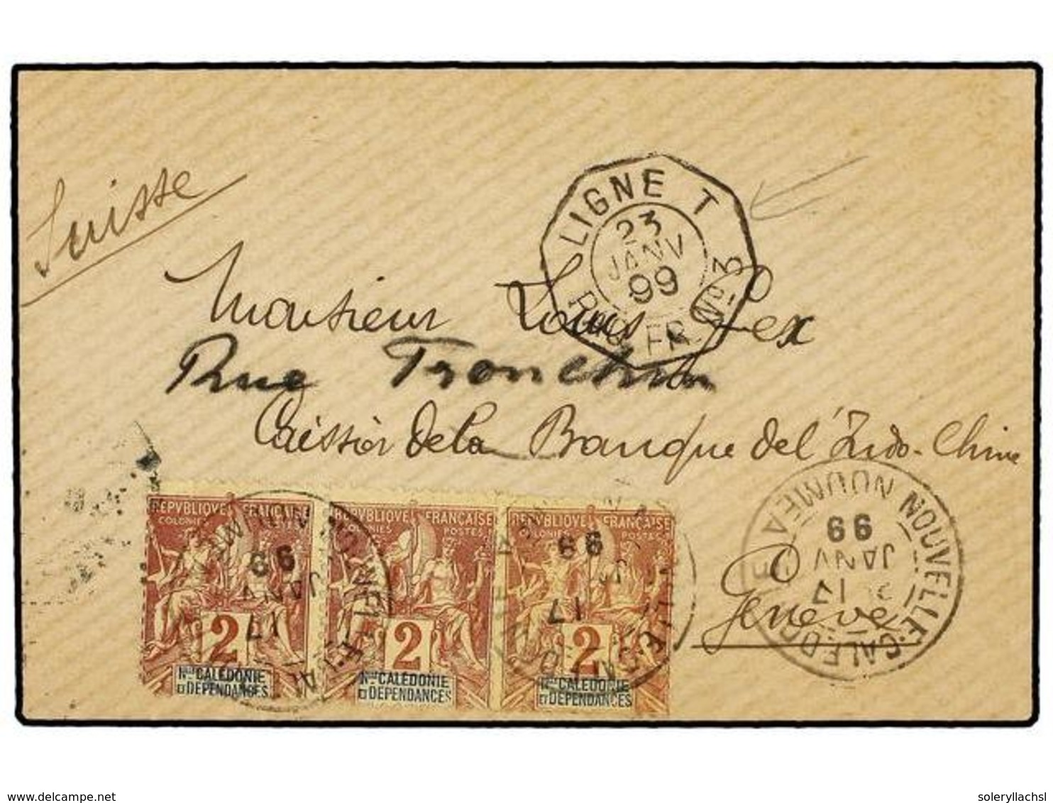 2273 NUEVA CALEDONIA. Ce.42. 1899 (Jan 17). Small Envelope To GENEVA (Switzerland) Franked By 1892 <B>2c.</B> Buff On Ye - Other & Unclassified