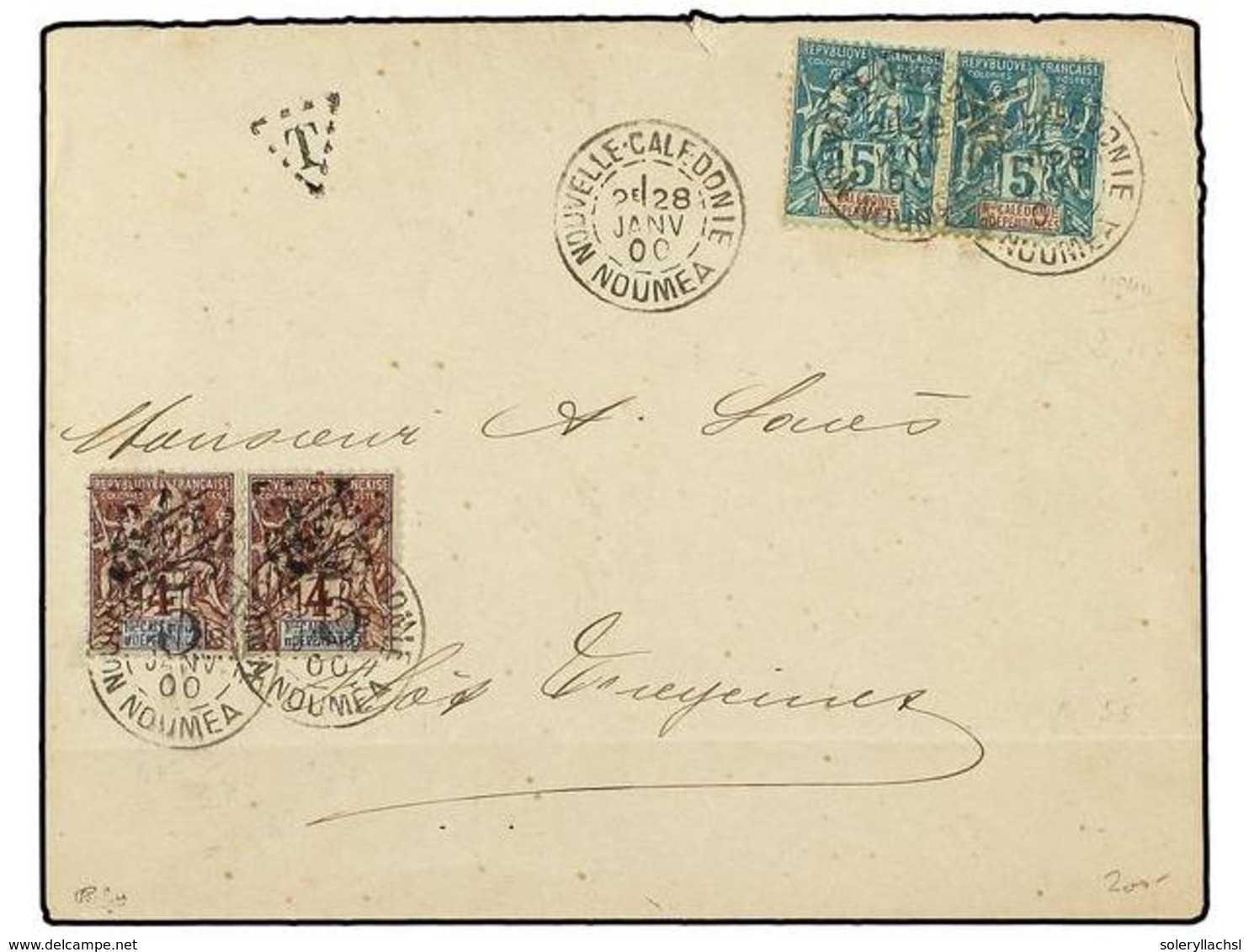 2274 NUEVA CALEDONIA. Ce.44,55. 1900 (Jan 28). Cover Franked By 1892 <B>5c</B>. Green Pair Tied By <B>NOUMEA</B> Datesta - Sonstige & Ohne Zuordnung