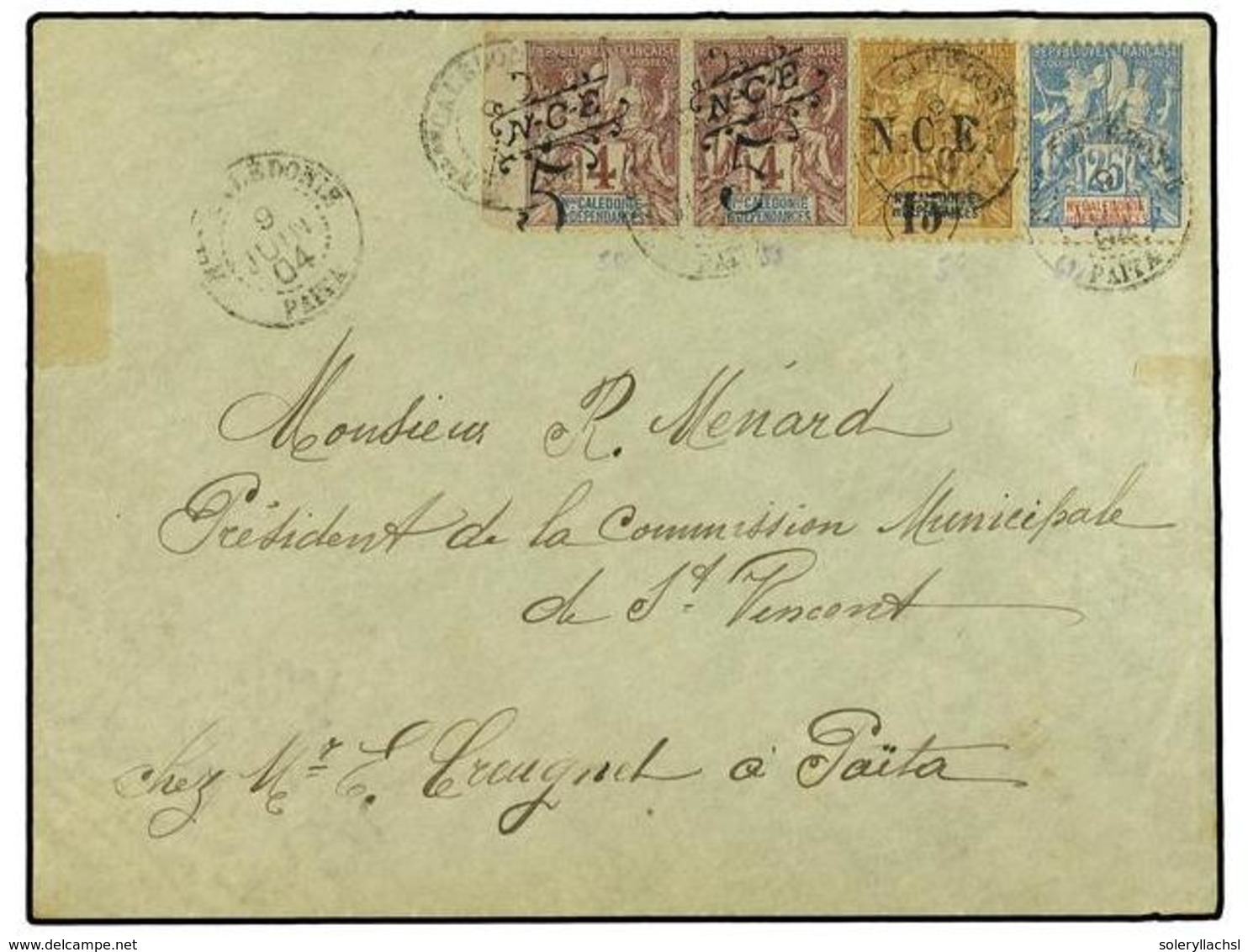 2276 NUEVA CALEDONIA. 1904. Local Mail Envelope Bearing <B>5 On 4 C</B> Brown/lilac (pair) (Yvert 55),<B> 15 On 50 C</B> - Other & Unclassified