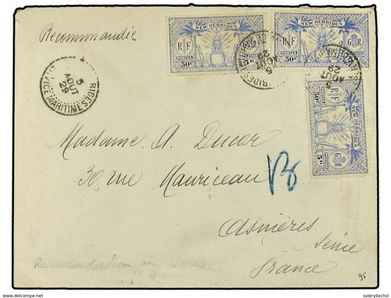 2279 NUEVAS HEBRIDAS. 1929. Registered Envelope To France Bearing <B>5 D</B> <B>(50 C) </B>blue (3) (SG 47) Tied By <B>N - Sonstige & Ohne Zuordnung