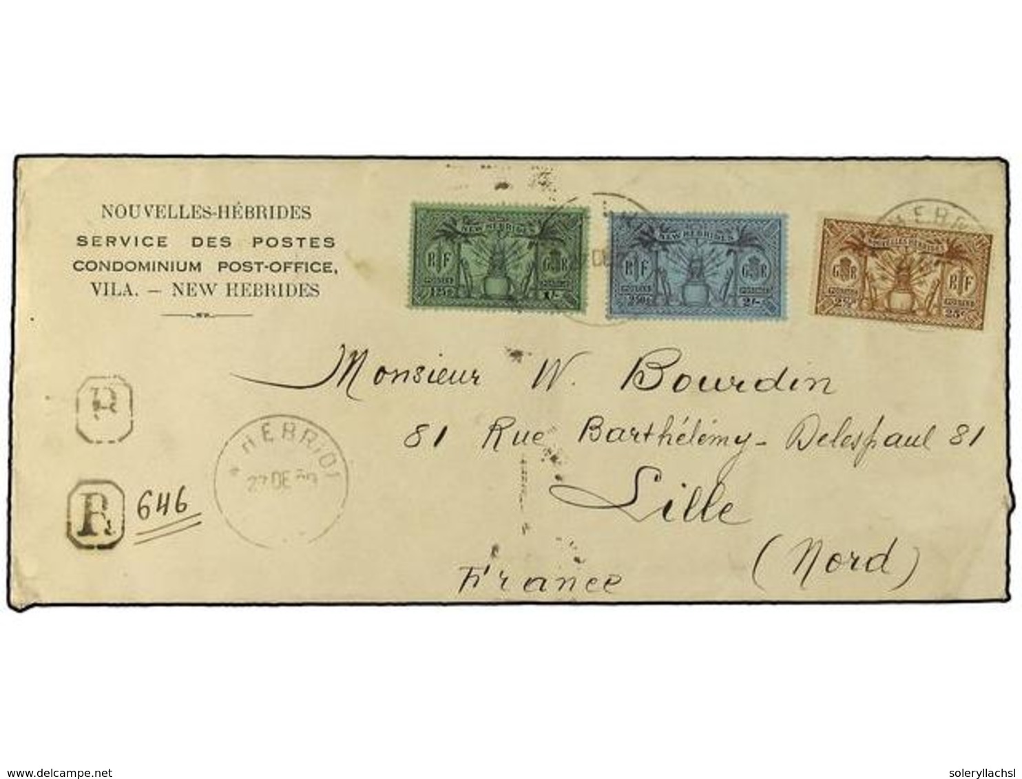2280 NUEVAS HEBRIDAS. 1929 (Dec 27). Registered Cover From Port Vila To Lille, France Franked By French New Hebrides <B> - Sonstige & Ohne Zuordnung
