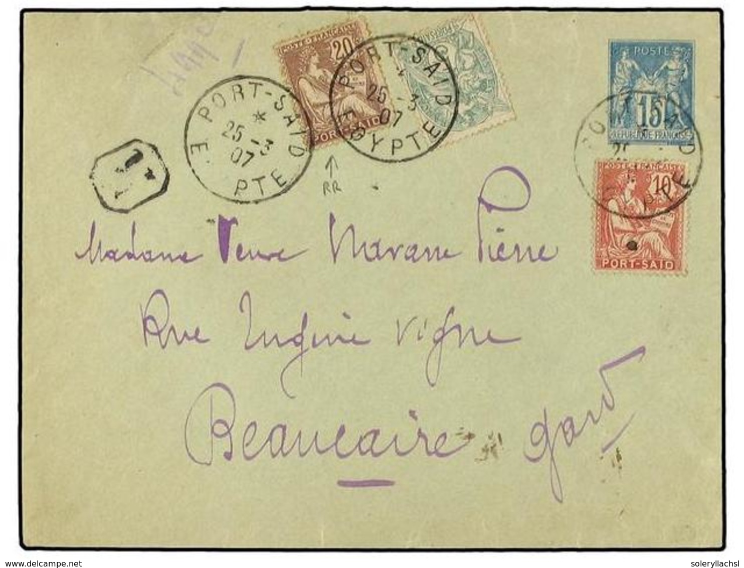 2286 PORT-SAID. 1907 (March 25). France <B>15c</B>. Blue On Green Postal Stationery Envelope, Sent Registered To Beaucai - Other & Unclassified