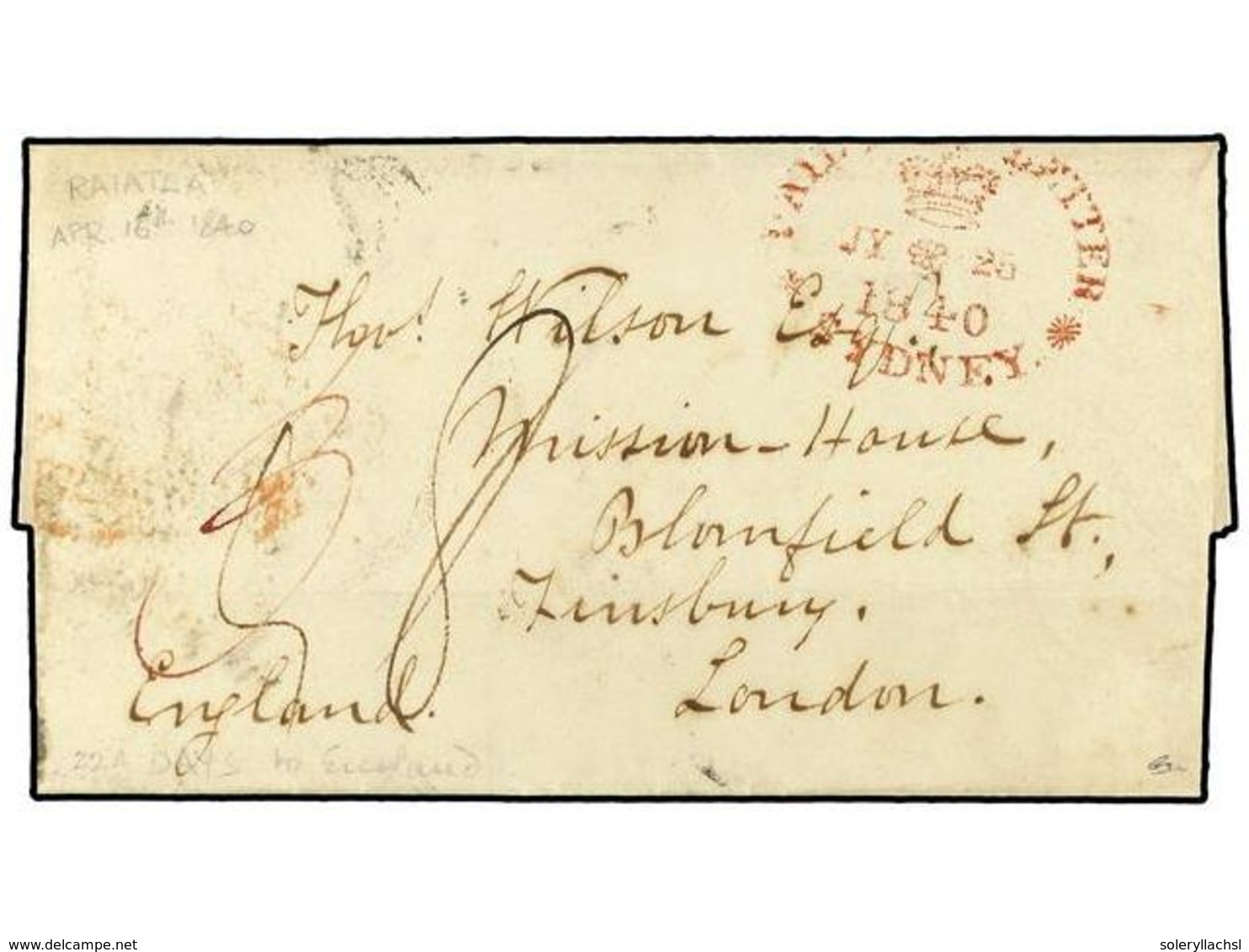 2293 TAHITI. 1840 (April 16). Entire Letter To London From Raiatea Island With Framed <B>'SHIP LETTER'</B> In Black On R - Sonstige & Ohne Zuordnung