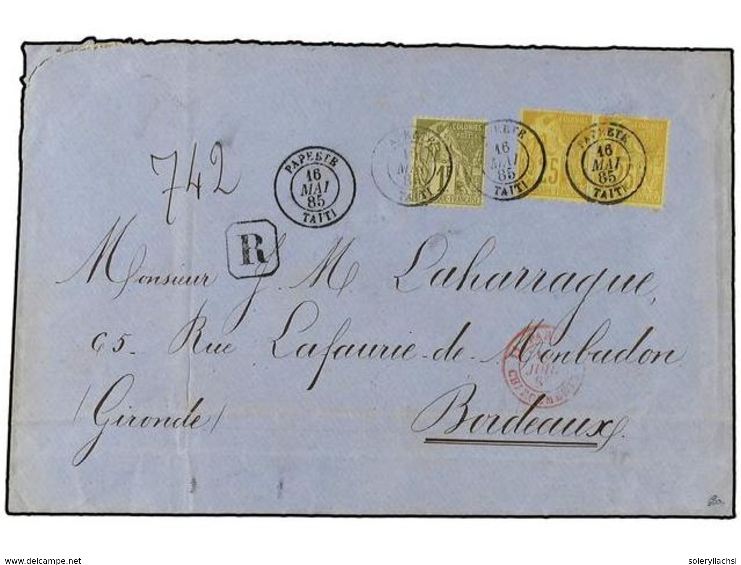 2302 TAHITI. 1885 (May 16). Registered Cover To Bordeaux Franked By General Issues 1881 <B>25c</B>. Yellow On Straw Pair - Sonstige & Ohne Zuordnung