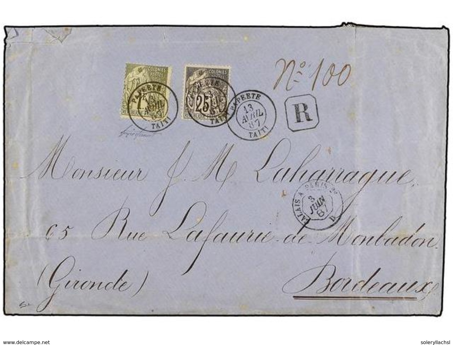 2304 TAHITI. 1887 (April 13). Registered Cover To Bordeaux Franked By General Issues 1881 <B>25c</B>. Black On Rose And  - Other & Unclassified