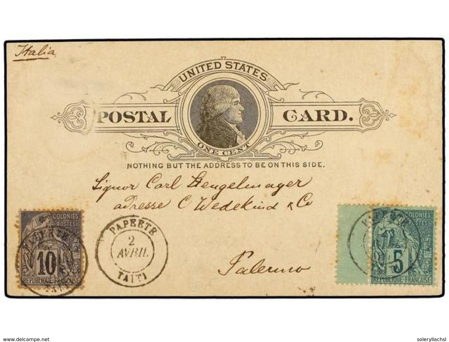 2305 TAHITI. 1887. <B>One Cent. </B>US Postal Stationary Card Franked With <B>5 Cts.</B> Green Y <B>10 Cts.</B> Black Ca - Sonstige & Ohne Zuordnung