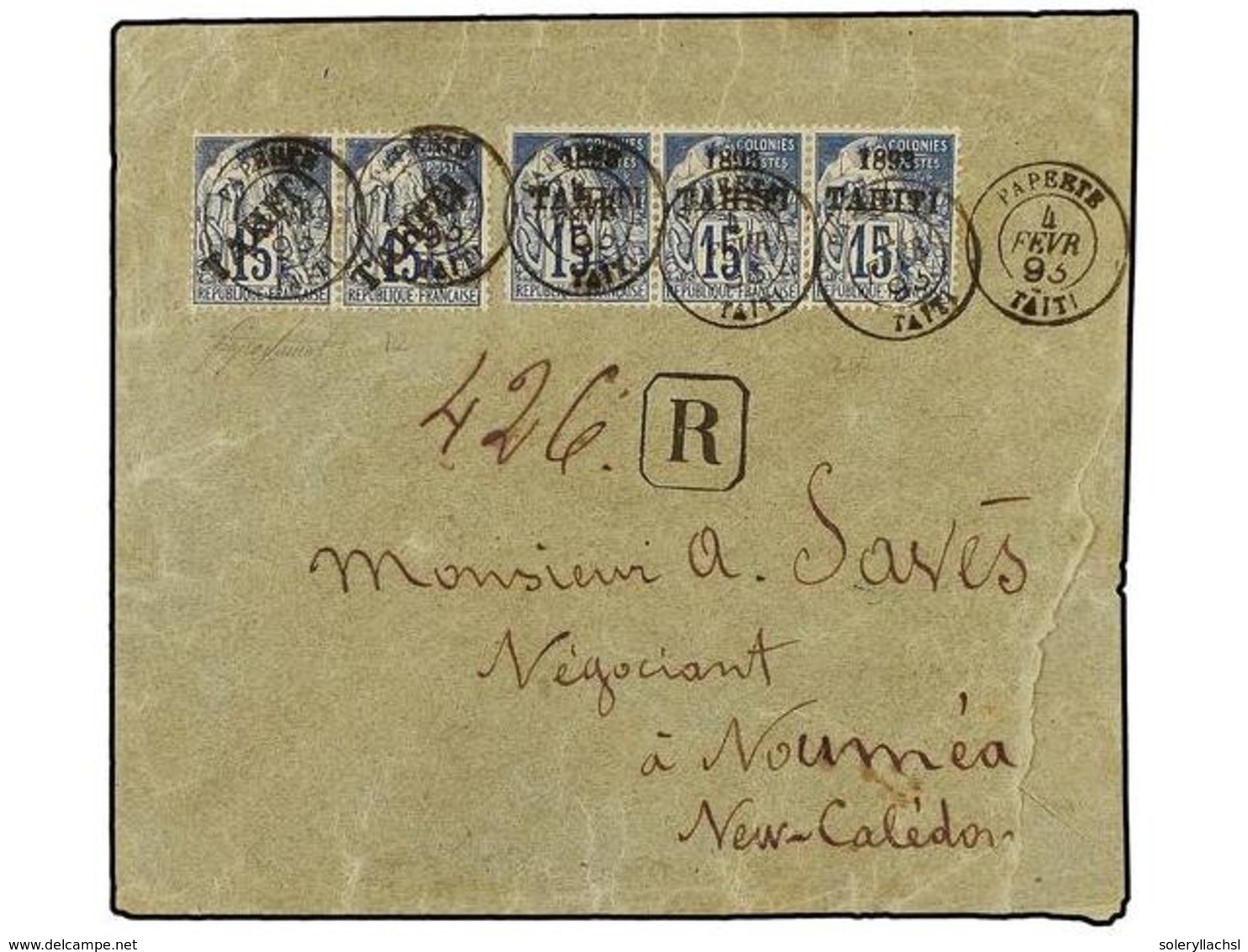 2307 TAHITI. Yv.12 (2) + 24 (3). 1893. PAPEETE To NOUMEA.<B> 15 Cts.</B> Blue Pair And Strip Of Three Of Two Different I - Other & Unclassified