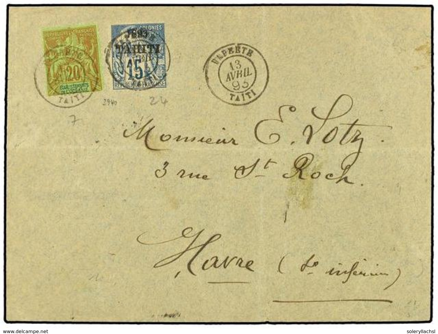 2308 TAHITI. 1893 (April 13). Cover To Le Havre Franked By 1893 Surcharged 'Tahiti' On <B>15c</B>. Blue (Scott 22) And O - Other & Unclassified