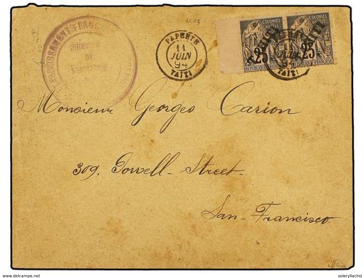 2310 TAHITI. 1894. Envelope To San Francisco Bearing <B>25 C</B> Black (pair) (Yvert 15) Tied By <B>PAPEETE TAITI</B> Do - Other & Unclassified