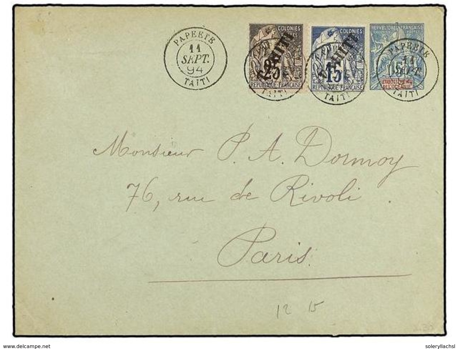 2312 TAHITI. Yv.12, 15. 1894. PAPEETE A PARIS. Entero Postal De <B>15 Cts.</B> Azul Y Rojo Con Franqueo Adicional De <B> - Other & Unclassified