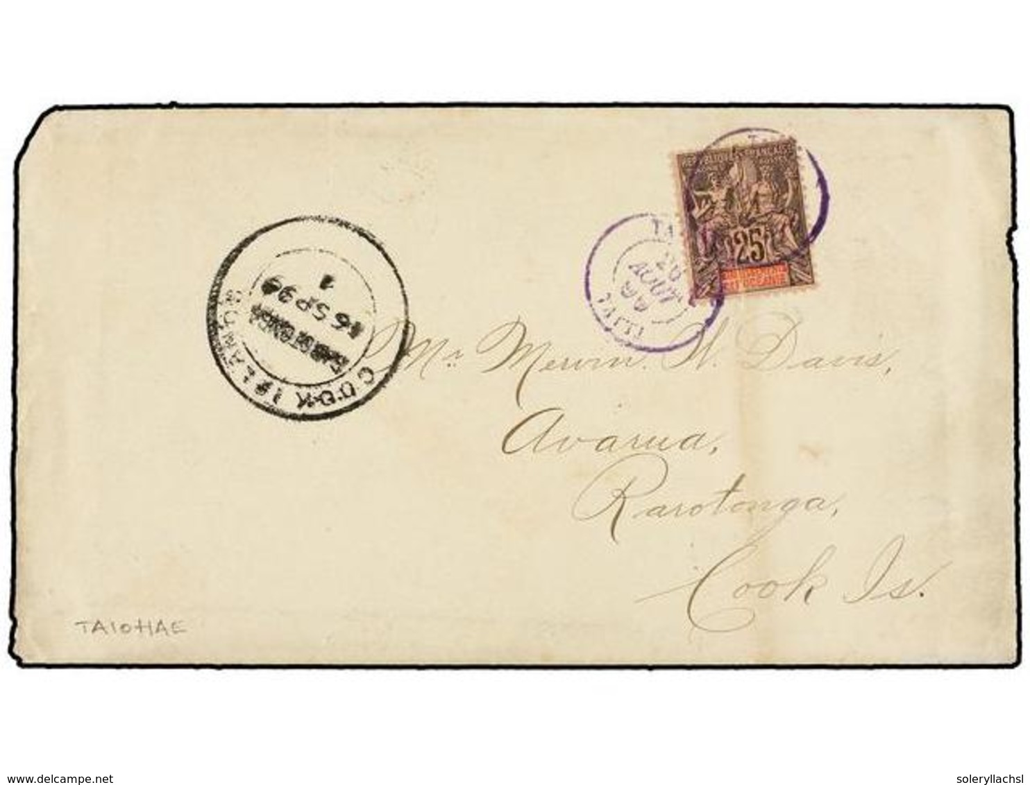 2315 TAHITI. 1899 (Aug 26). Cover From TAIOHAE To RAROTONGA (Cook Islands) Franked By 1892 <B>25c.</B> Black On Rose Tie - Sonstige & Ohne Zuordnung