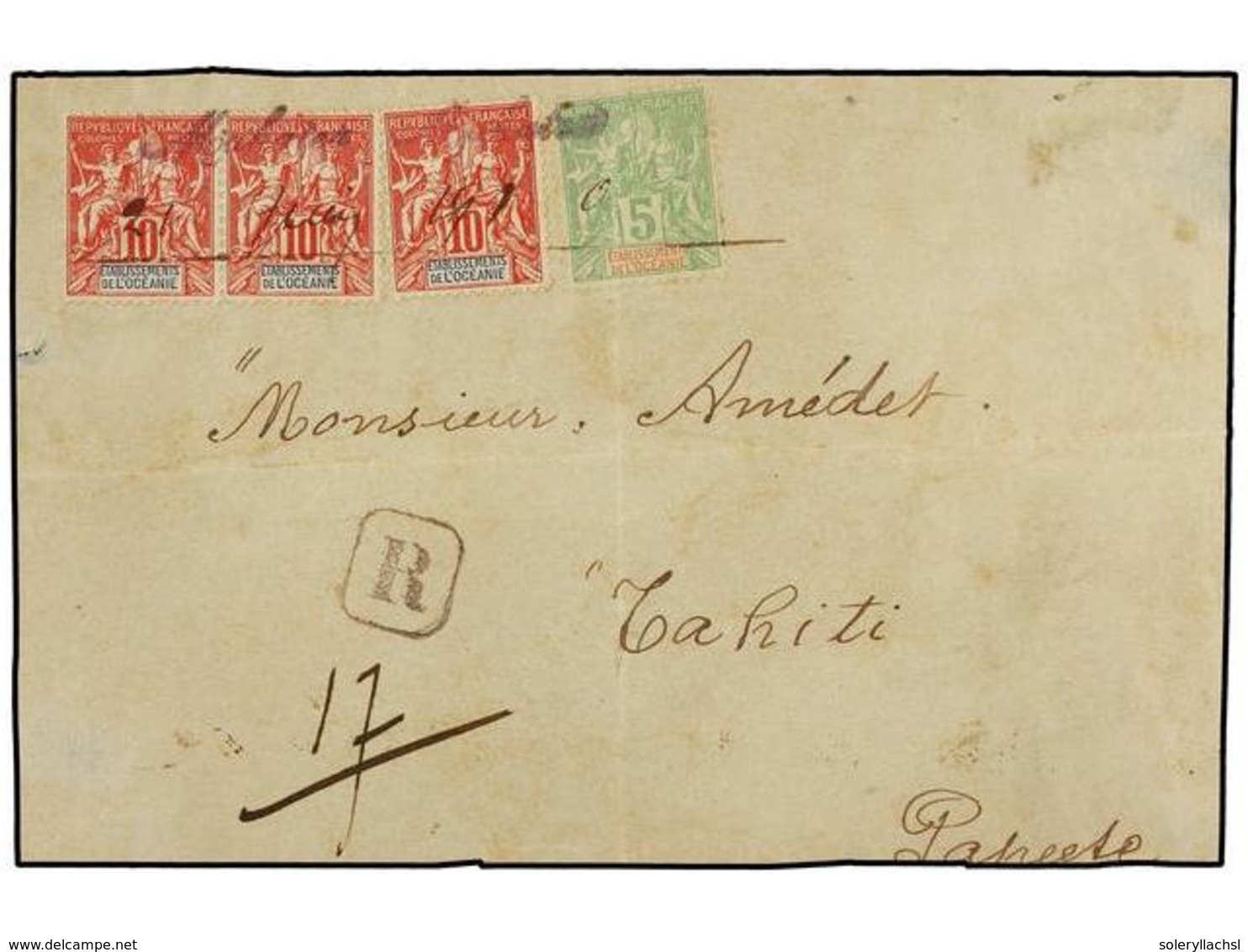 2322 TAHITI. 1910. <B>FRONT ONLY.</B> MAKATEA To TAHITI. Registered Cover Franked With <B>5 Cts.</B> Green And Three <B> - Other & Unclassified