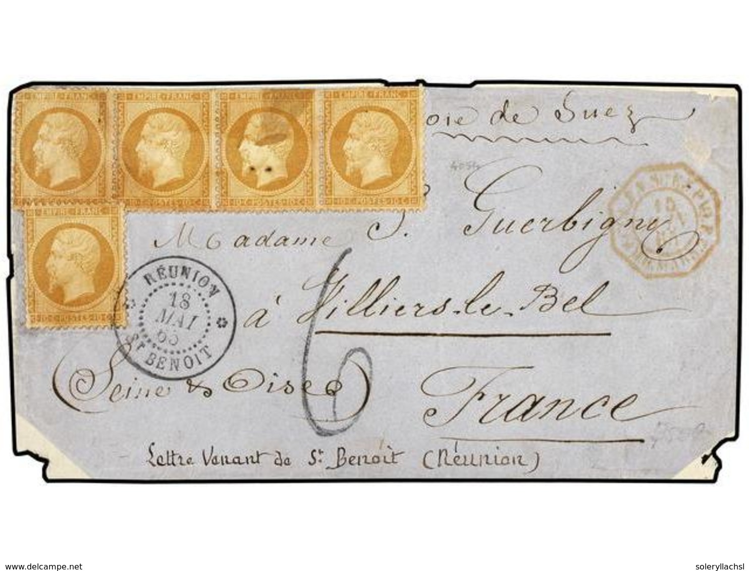 2330 REUNION. 1865 (May 18). Cover Front From St.Benoit To France Franked By France 1862 5x<B>10c </B>bistre, One Cancel - Sonstige & Ohne Zuordnung