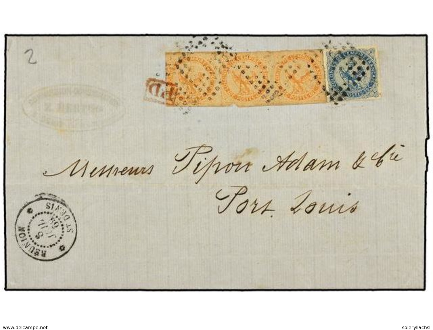 2331 REUNION. 1869 (July 8). Entire Letter To Port Louis At Double Rate. Franked By General Issues 1859-65 <B>20c</B> Bl - Other & Unclassified