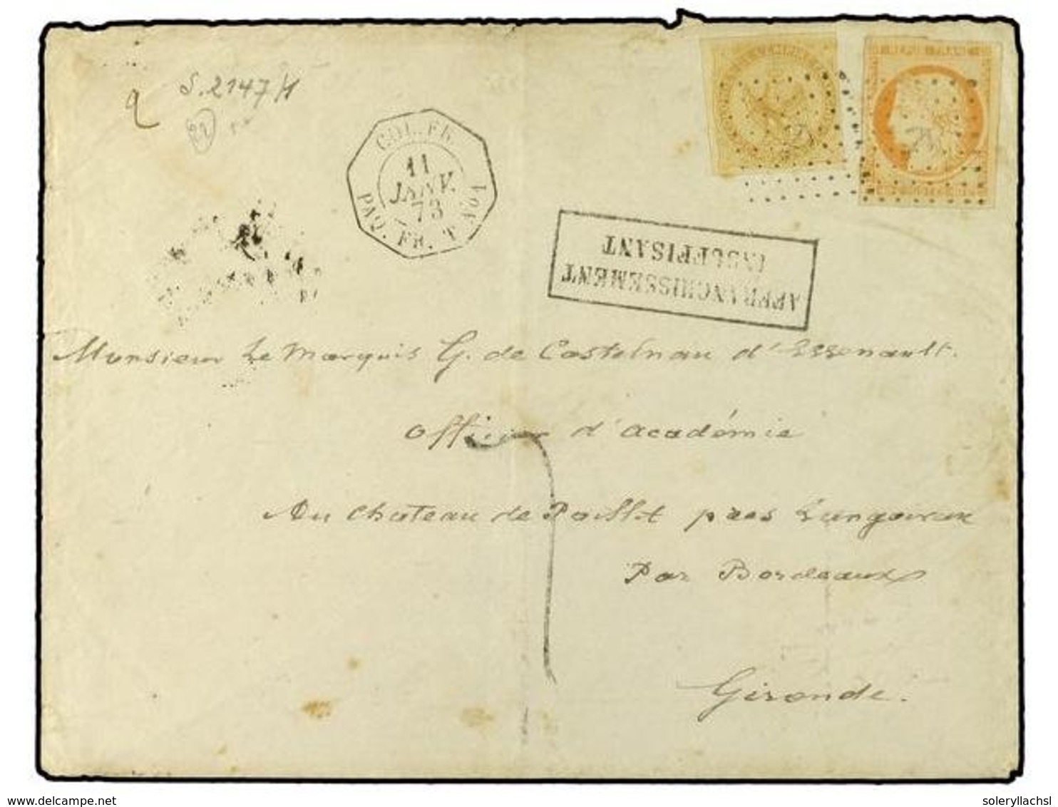 2332 REUNION. 1873. REUNION A FRANCIA. Carta Franqueada Con Sellos De Colonias De <B>10 Cts.</B> Bistre Y <B>40 Cts.</B> - Other & Unclassified