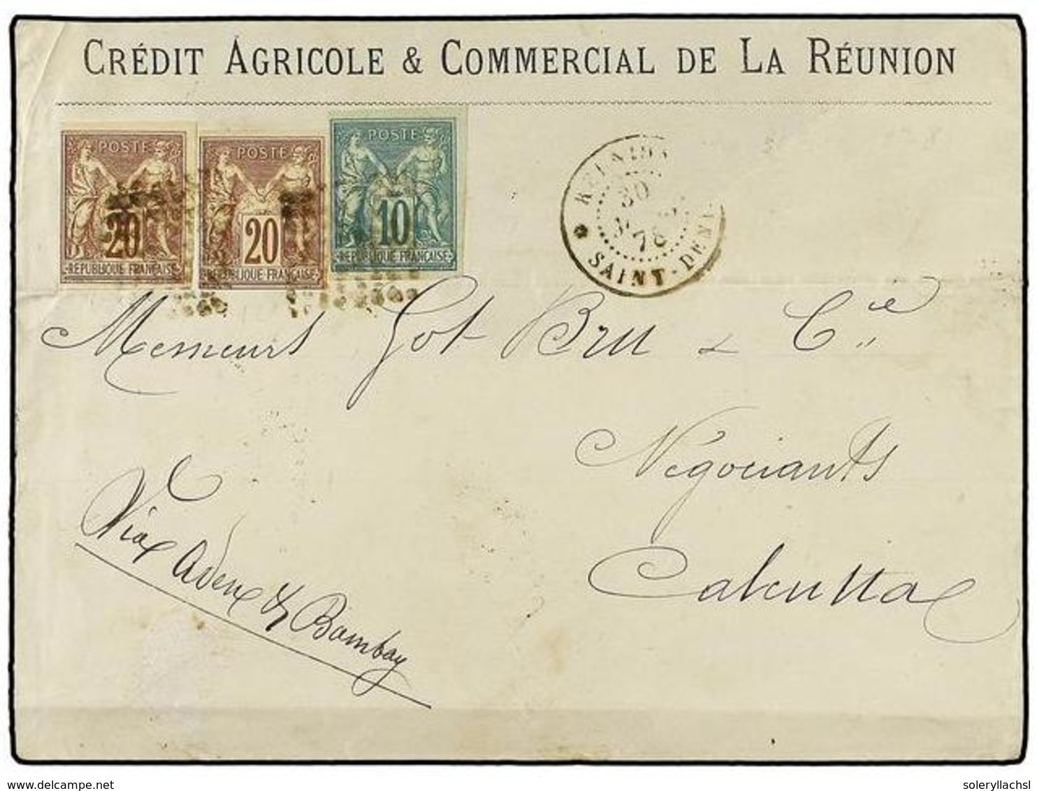 2335 MAURICIO. Ce.32+34. 1876 (Nov 30). Cover To CALCUTTA 'via Aden And Bombay' Franked By General Issues Type Sage 1877 - Sonstige & Ohne Zuordnung