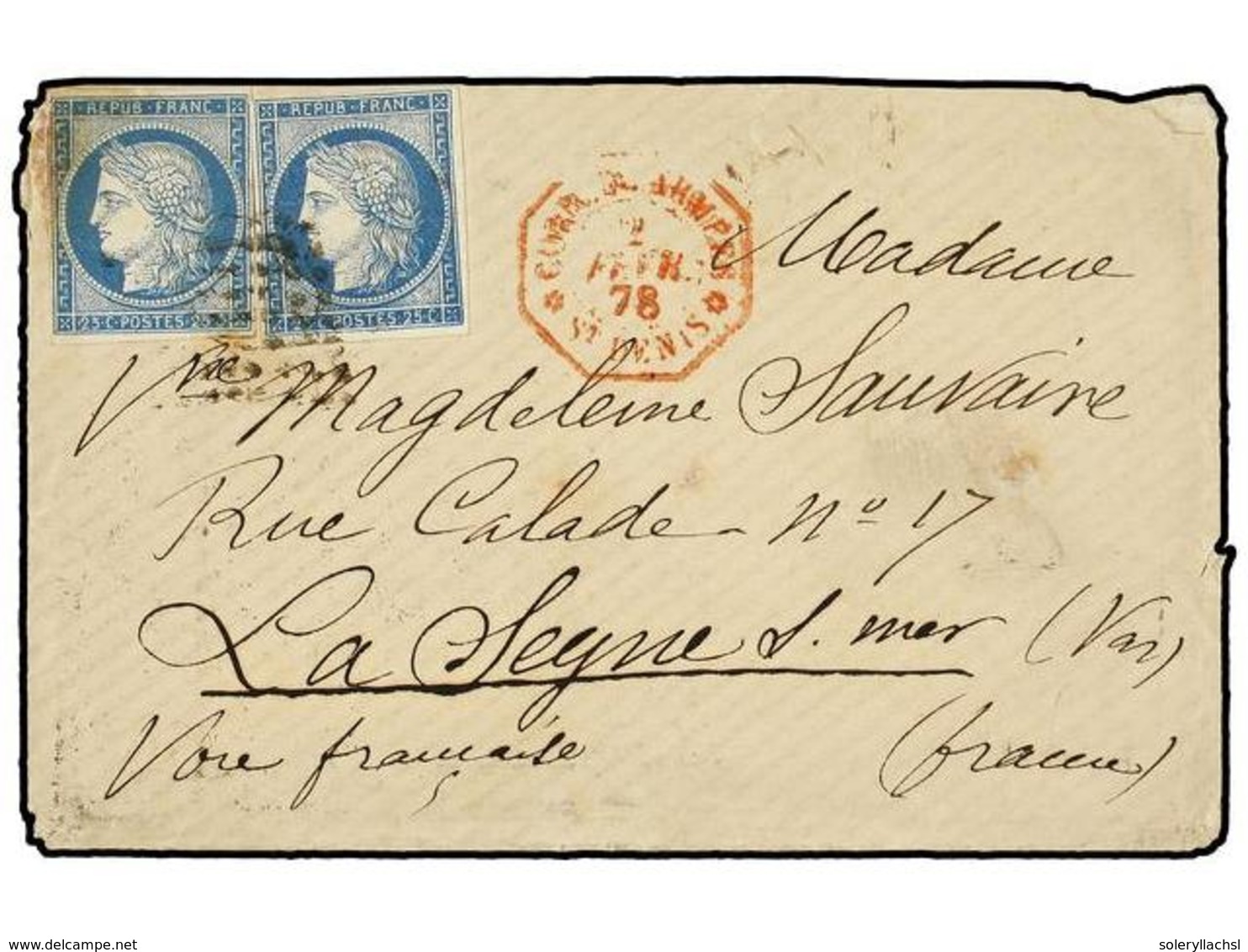 2337 REUNION. 1878 (Feb 2). Cover To FRANCE Franked By Imperforate General Issues <B>25 C.</B> Blue (2), Somewhat Staine - Other & Unclassified