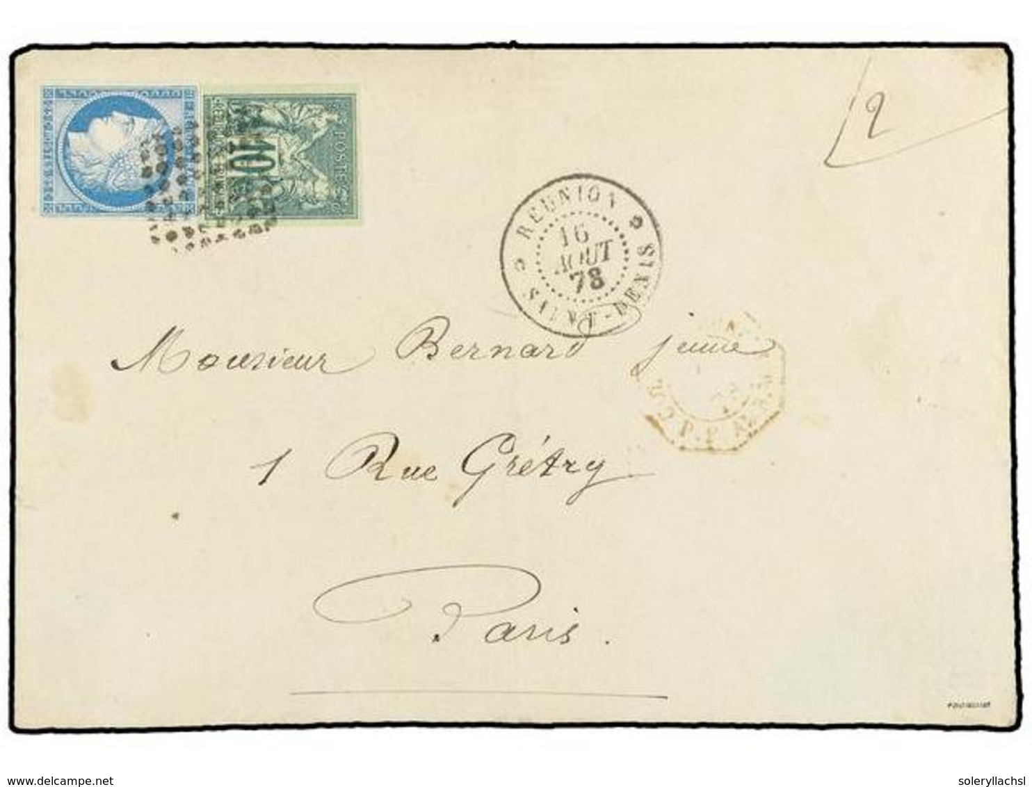 2340 REUNION. 1878 (Aug 16). Cover To PARIS Franked By General Issues 1872-77 Ceres <B>25c.</B> Blue And Type Sage <B>10 - Other & Unclassified