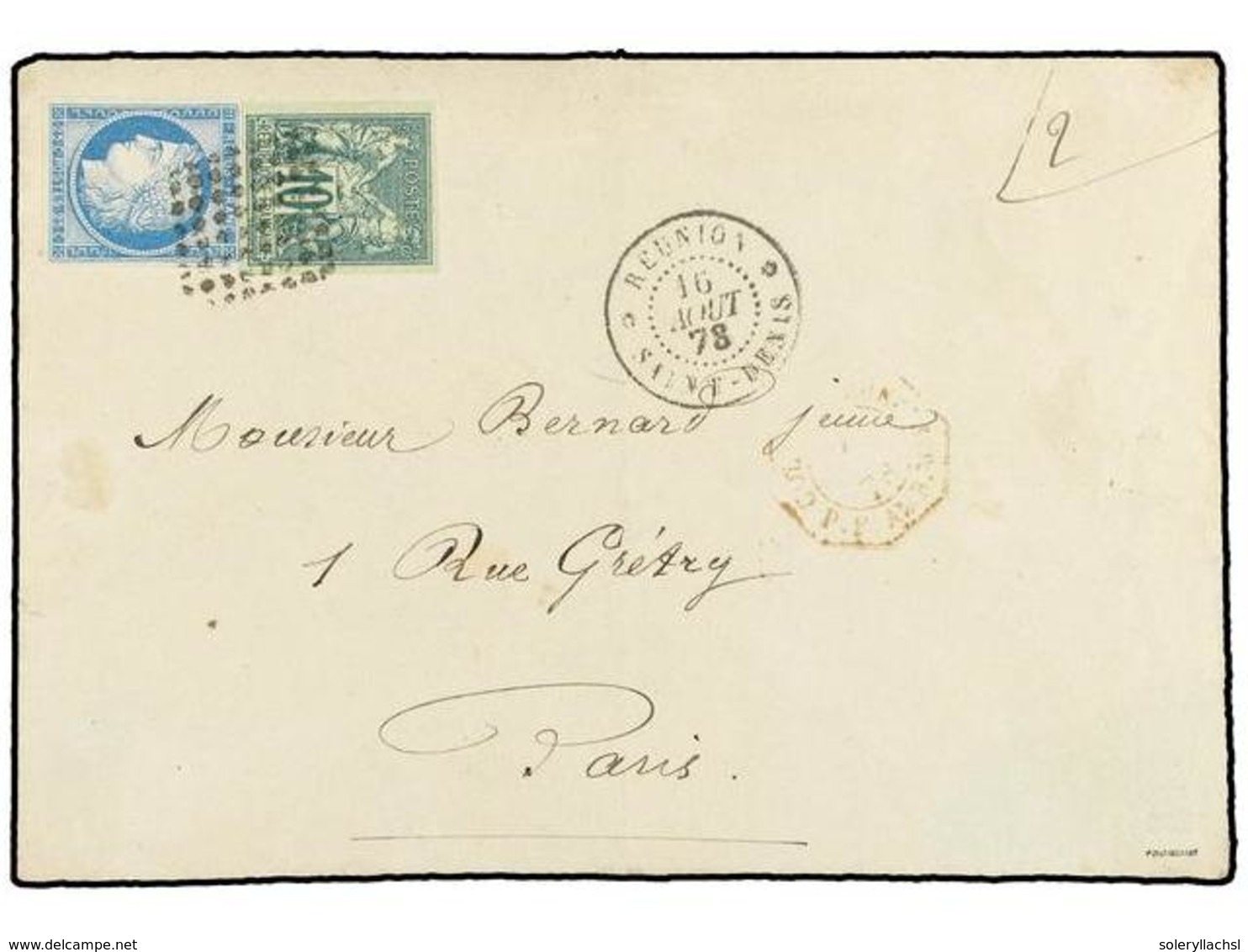 2340 REUNION. 1878 (Aug 16). Cover To PARIS Franked By General Issues 1872-77 Ceres <B>25c.</B> Blue And Type Sage <B>10 - Sonstige & Ohne Zuordnung