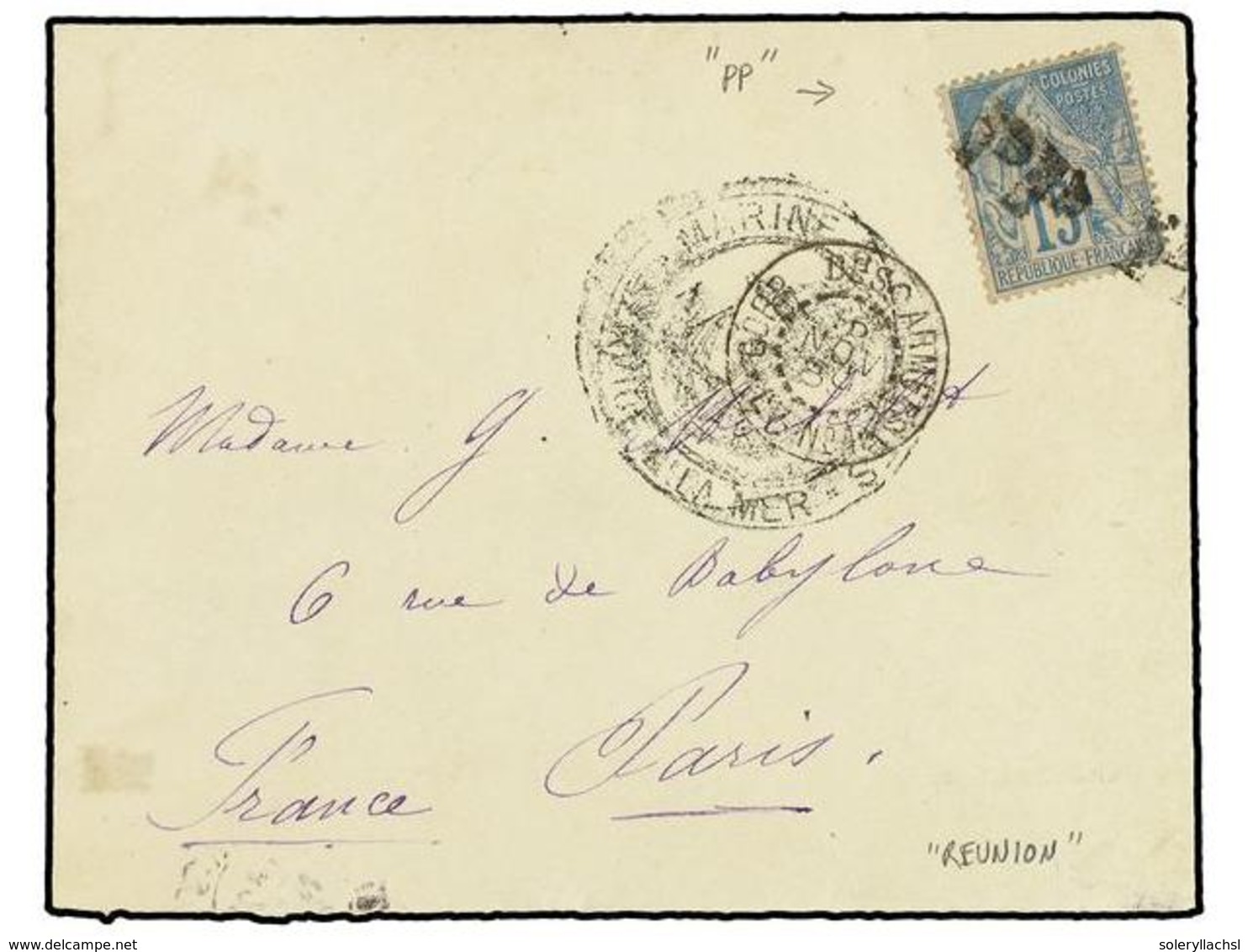 2342 REUNION. 1889 (Nov). Cover From REUNION To PARIS With General Issues 1881 Dubois <B>15c.</B> Blue Unusually Tied By - Other & Unclassified