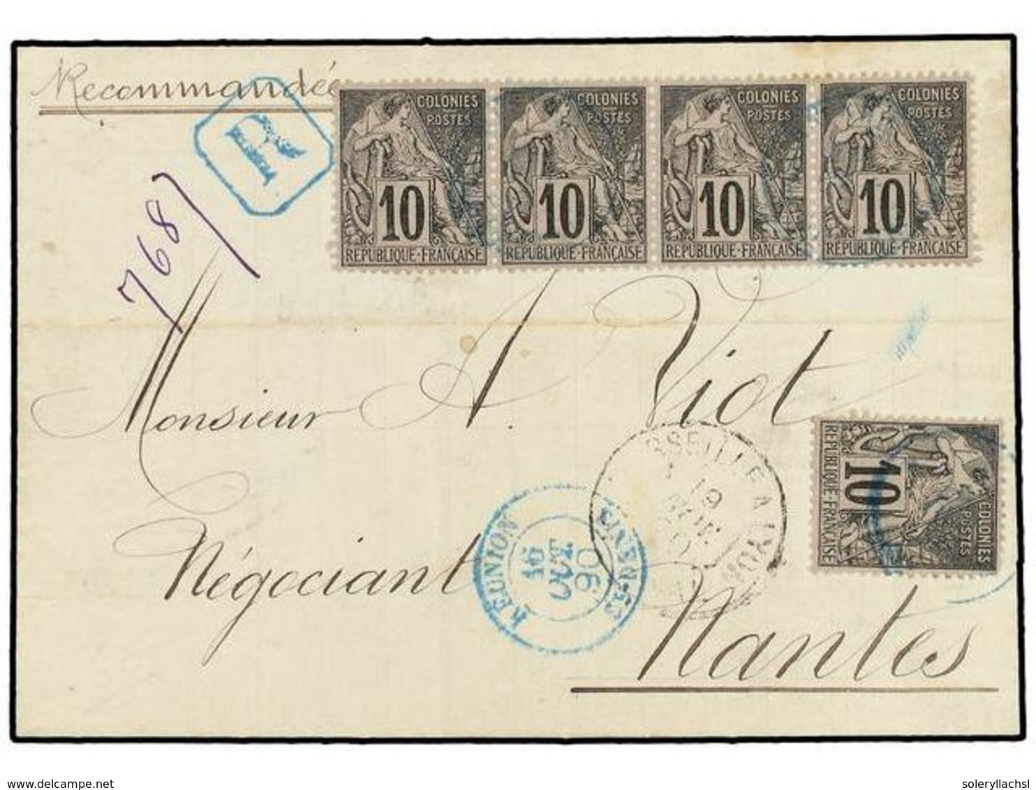 2343 REUNION. 1890 (Oct 16). Registered Cover To NANTES Bearing Single And Horizontal Strip Of Four General Issues 1881  - Other & Unclassified