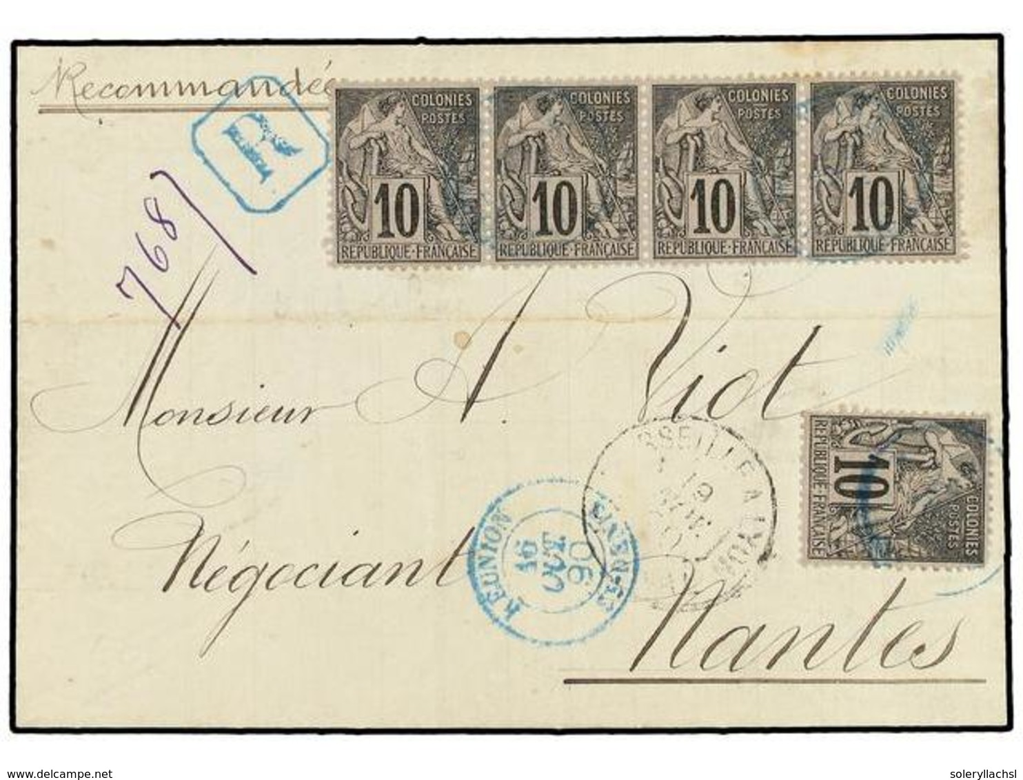 2343 REUNION. 1890 (Oct 16). Registered Cover To NANTES Bearing Single And Horizontal Strip Of Four General Issues 1881  - Sonstige & Ohne Zuordnung