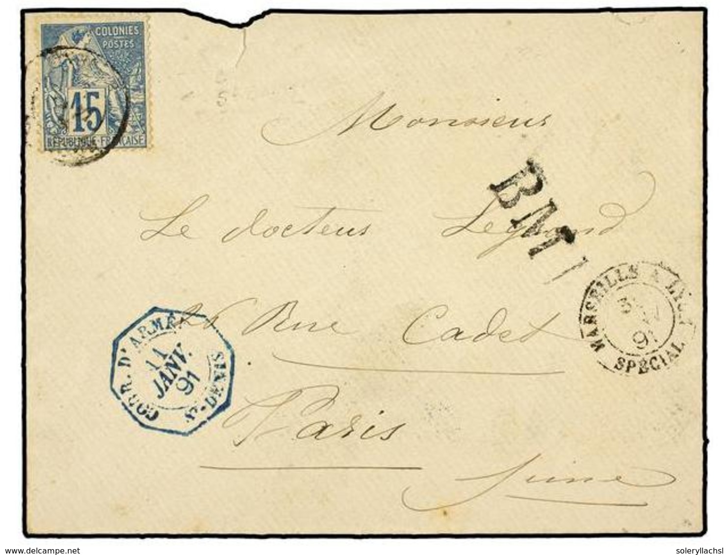 2344 REUNION. Ce.51. 1891. Cover At Military Convession Rate To PARIS Franked By Dubois 1881 <B>15c.</B> Blue Tied By <B - Sonstige & Ohne Zuordnung