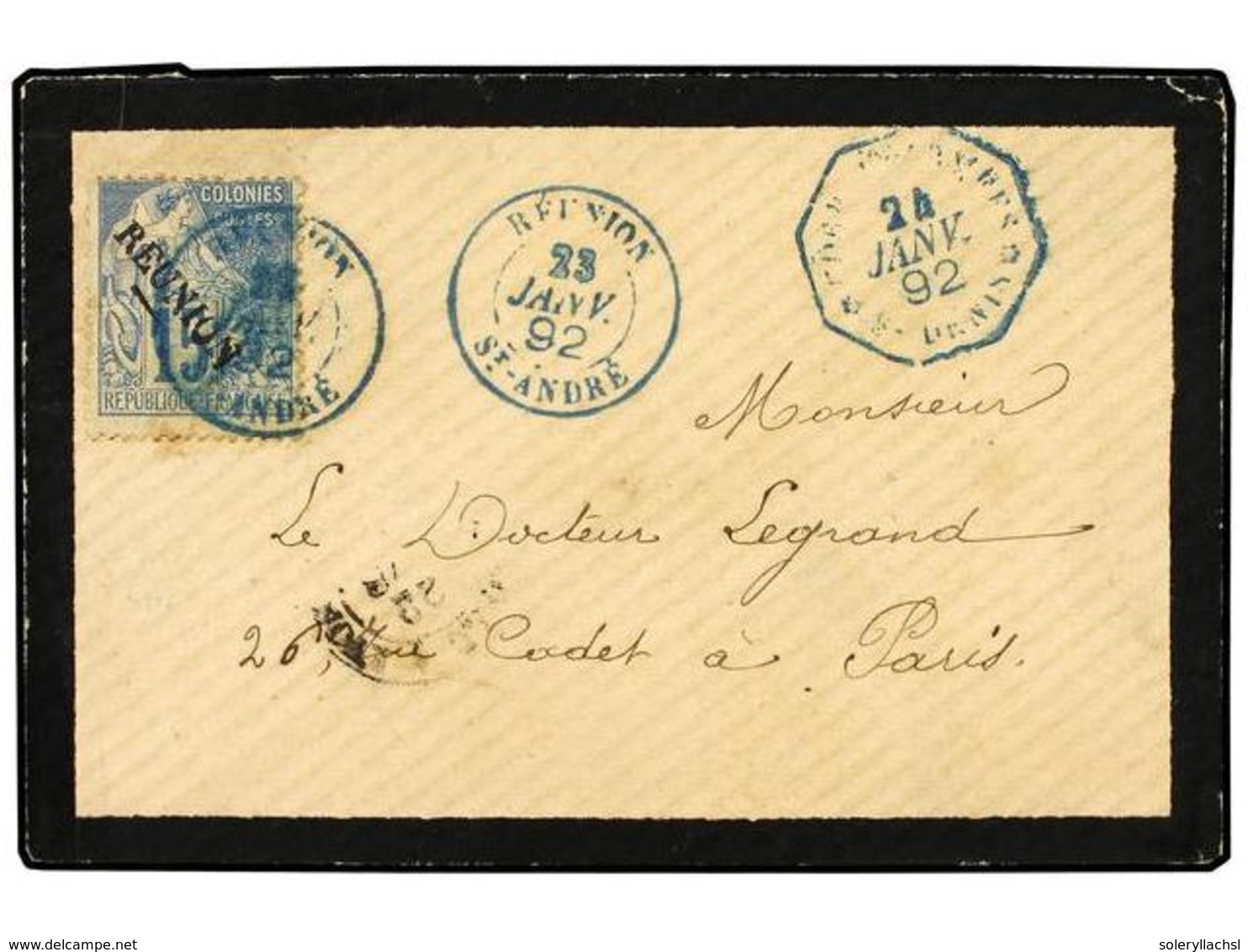 2346 REUNION. 1892 (Jan 23). Small Mourning Envelope To PARIS Franked At Military Concession Rate By Diagonally Overprin - Sonstige & Ohne Zuordnung