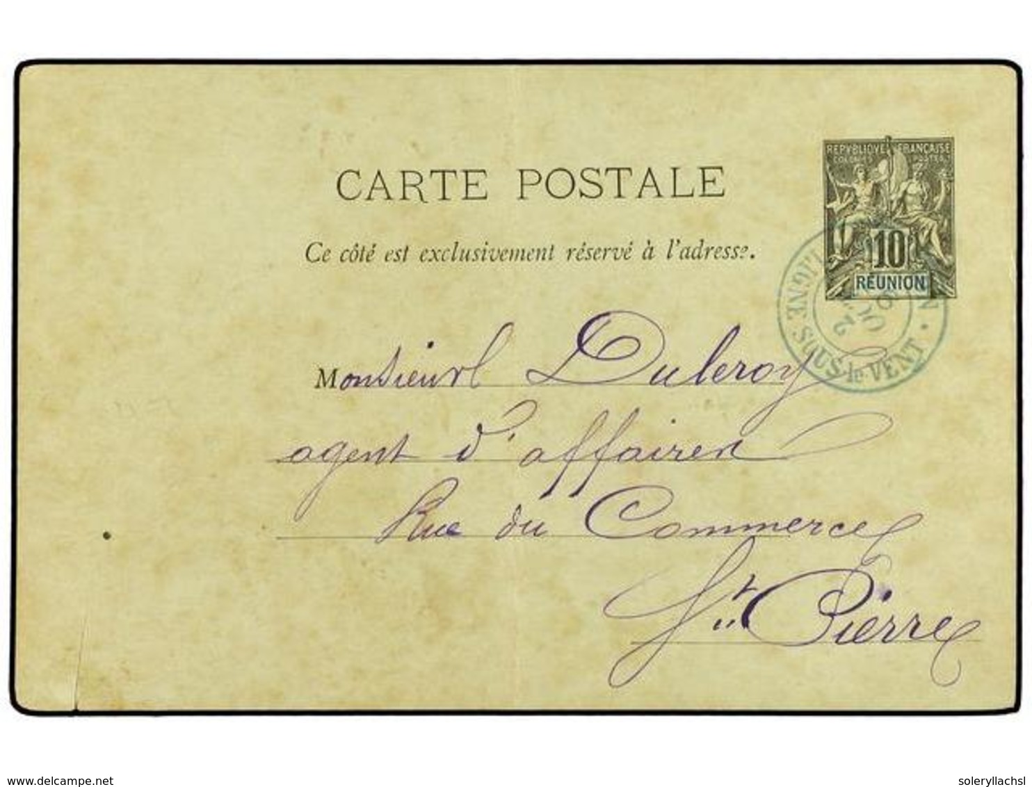 2347 REUNION. 1893. Postal Stationary Card <B>10 Cents </B>black Cancelled By <B>LIGNE SOUS LE VENT REUNION</B> Double R - Other & Unclassified