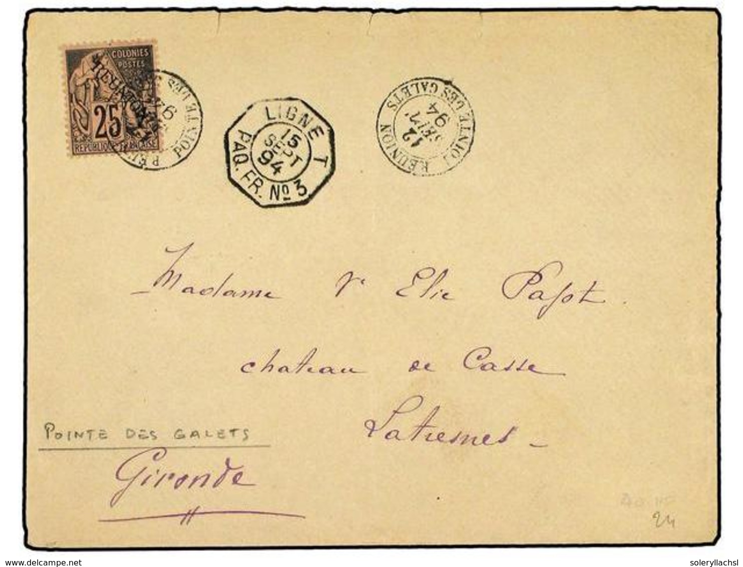 2348 REUNION. 1894. Cover To FRANCE Franked By Single 1891 <B>25 C.</B> Black On Rose, Tied By Scarce <B>REUNION-POINTE  - Other & Unclassified