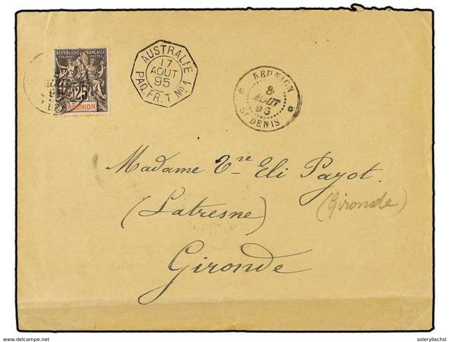 2349 REUNION. Ce.39. 1895 (Aug 8). Cover To France Franked By 1892 <B>25c.</B> Black On Rose Tied By <B>ST. DENIS</B> Cd - Other & Unclassified