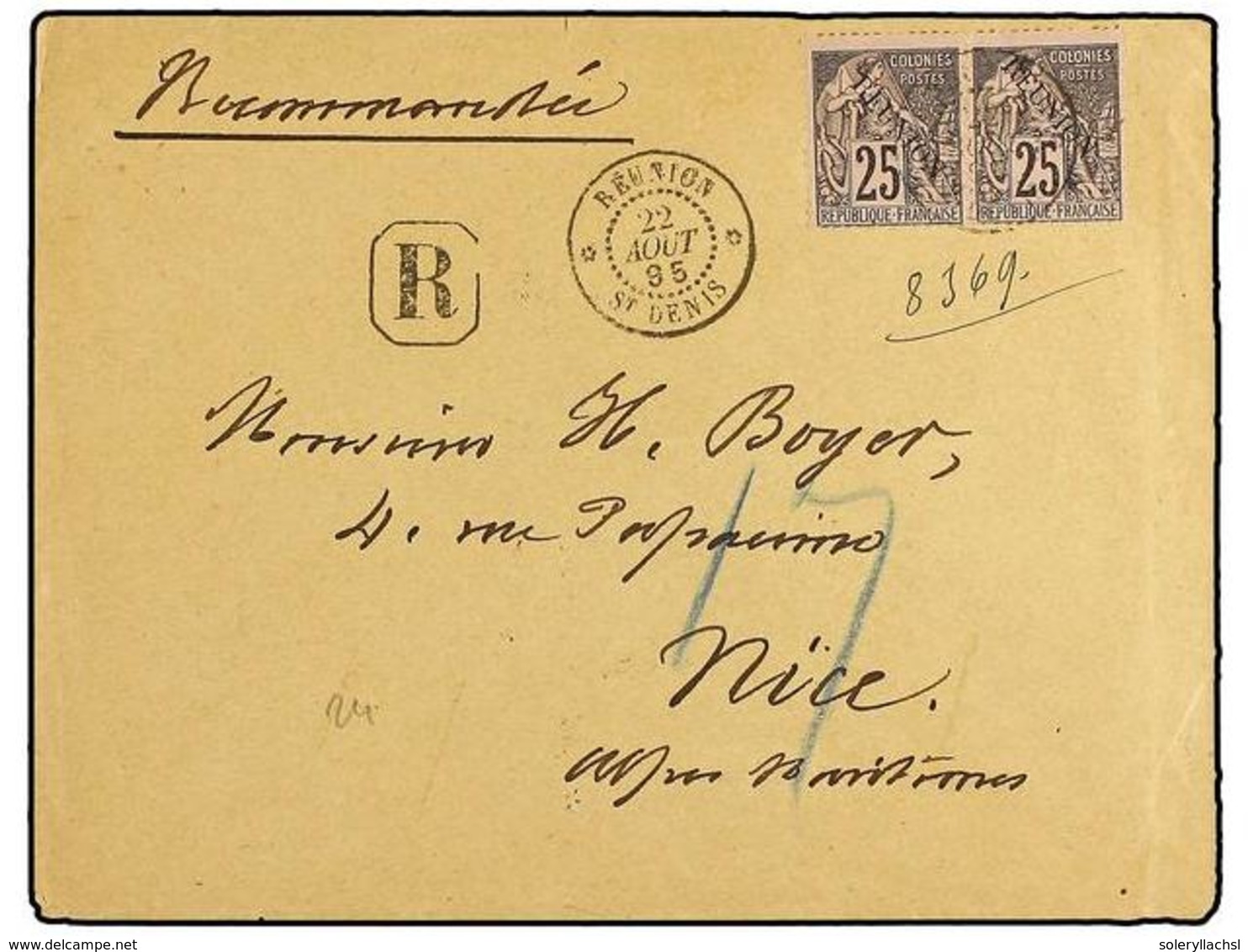 2350 REUNION. Yv.24 (2). 1895. ST. DENIS A FRANCIA. <B>25 Cts.</B> Negro S. Rosa (2) Carta Certificada, Al Dorso Llegada - Sonstige & Ohne Zuordnung