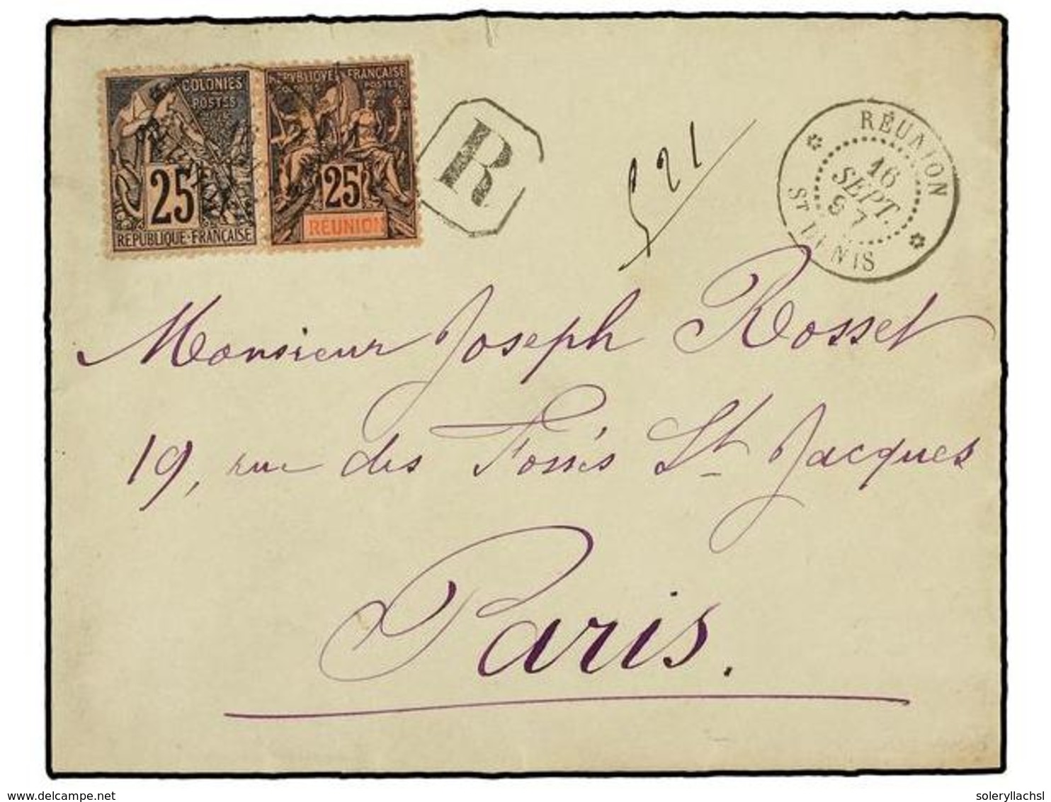 2351 REUNION. 1897 (Sept. 16). Cover To PARIS With Mixed Franking Of General Issues Dubois 1881 <B>25c. </B>black On Lil - Other & Unclassified
