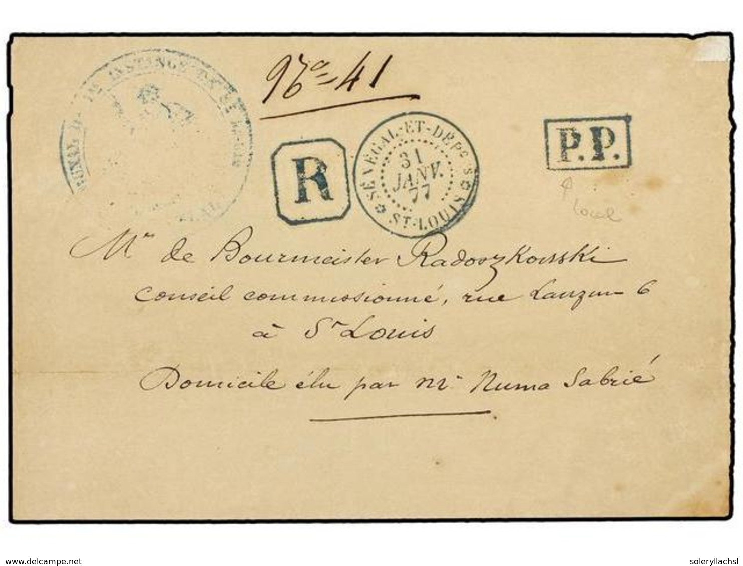 2373 SENEGAL. 1877 (Jan 31). Stampless Registered Cover To ST. LOUIS, Struck With Fine Framed <B>'P.P.' </B>(rare), Octa - Other & Unclassified