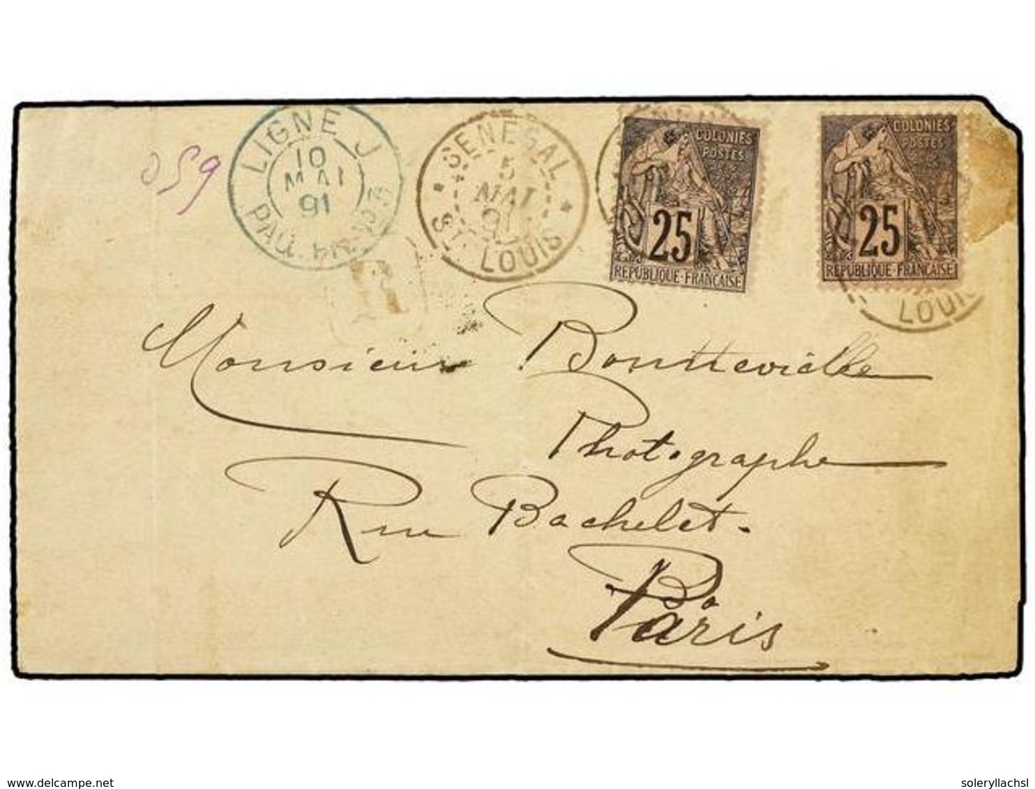 2374 SENEGAL. Ce.54. 1891 (May 5). Cover To PARIS Franked By 1881 Dubois <B>25c.</B> Black On Rose (2) Tied By <B>SENEGA - Sonstige & Ohne Zuordnung