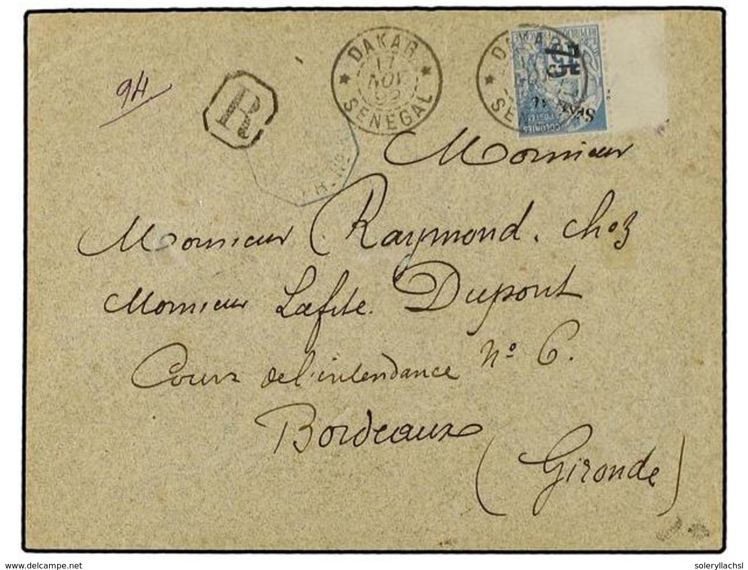 2375 SENEGAL. 1892 (Nov 17). Registered Cover To BORDEAUX Franked By Marginal <B>75c. On 15c</B>. Blue Tied By <B>DAKAR< - Sonstige & Ohne Zuordnung