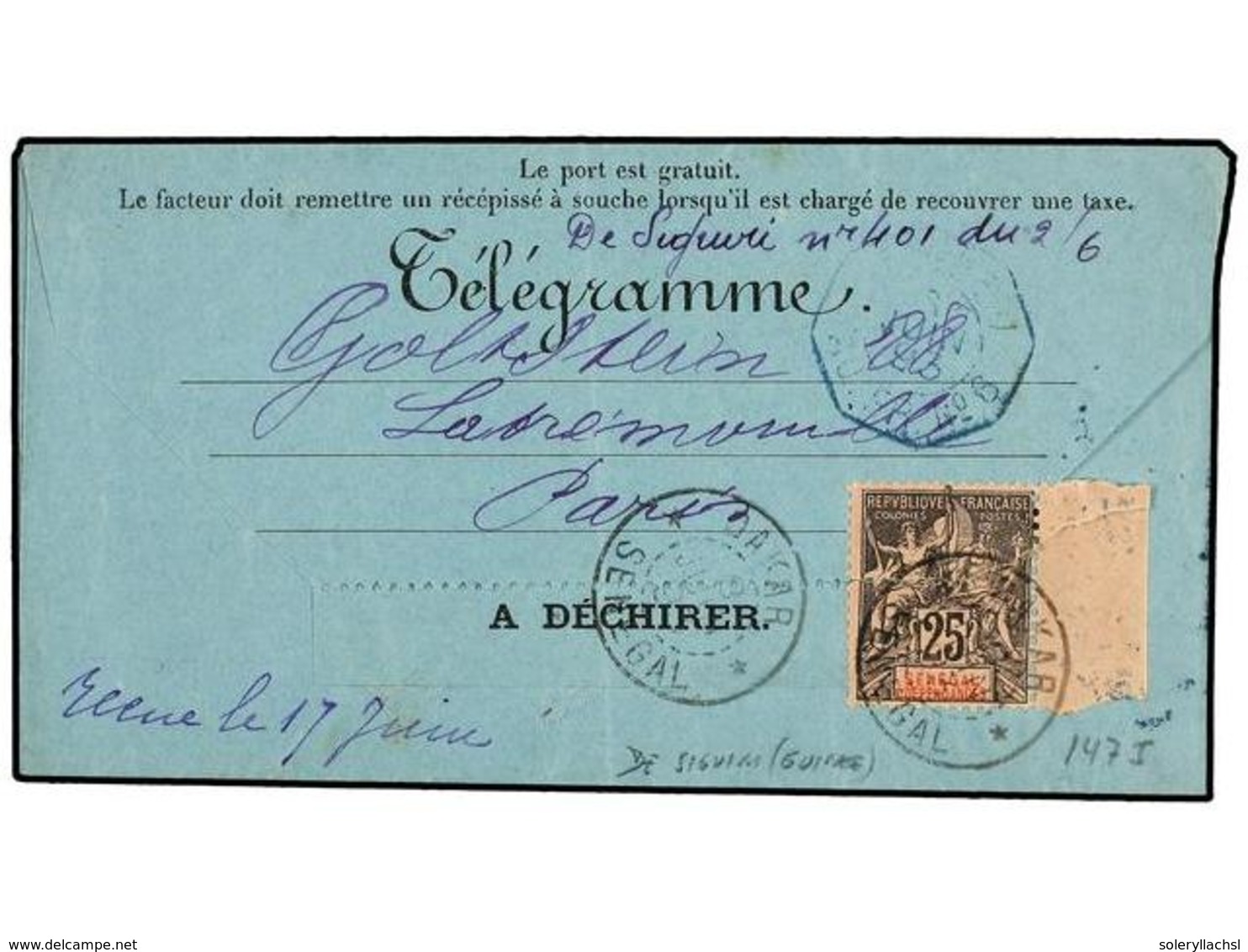 2376 SENEGAL. 1893. Complete TELEGRAM To PARIS With Marginal 1892 <B>25 C.</B> Tied By <B>DAKAR</B> Cds. Blue Paquebot < - Other & Unclassified