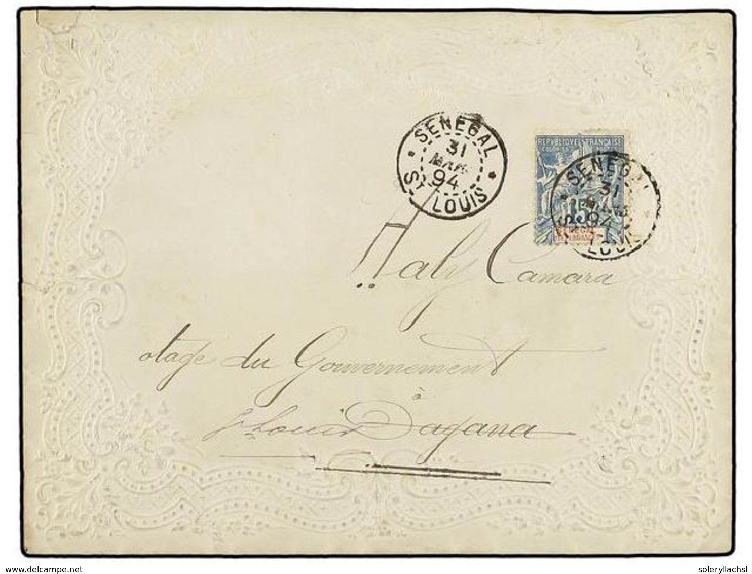 2377 SENEGAL. 1894 (March 31). Embossed Ladies' Envelope Addressed To Dagana Franked By 1892 <B>15c</B>. Blue Tied By '< - Other & Unclassified