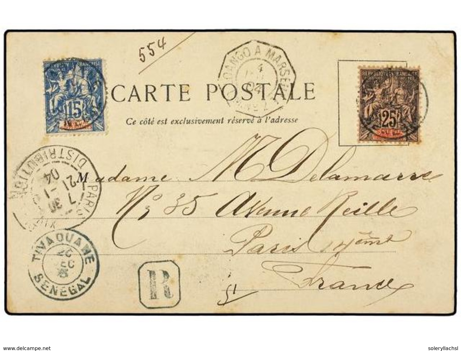 2379 SENEGAL. Ce.13+15. 1903 (Dec 20). Postcard Sent Registered To PARIS Franked By 1892 <B>15c.</B> Blue And <B>25c.</B - Other & Unclassified