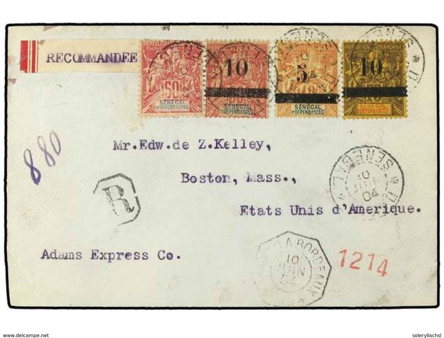 2381 SENEGAL. 1904. Registered Cover To Adams Express In BOSTON, With Home-made ¦Recommandee¦ Label And Franked <B>1892  - Other & Unclassified