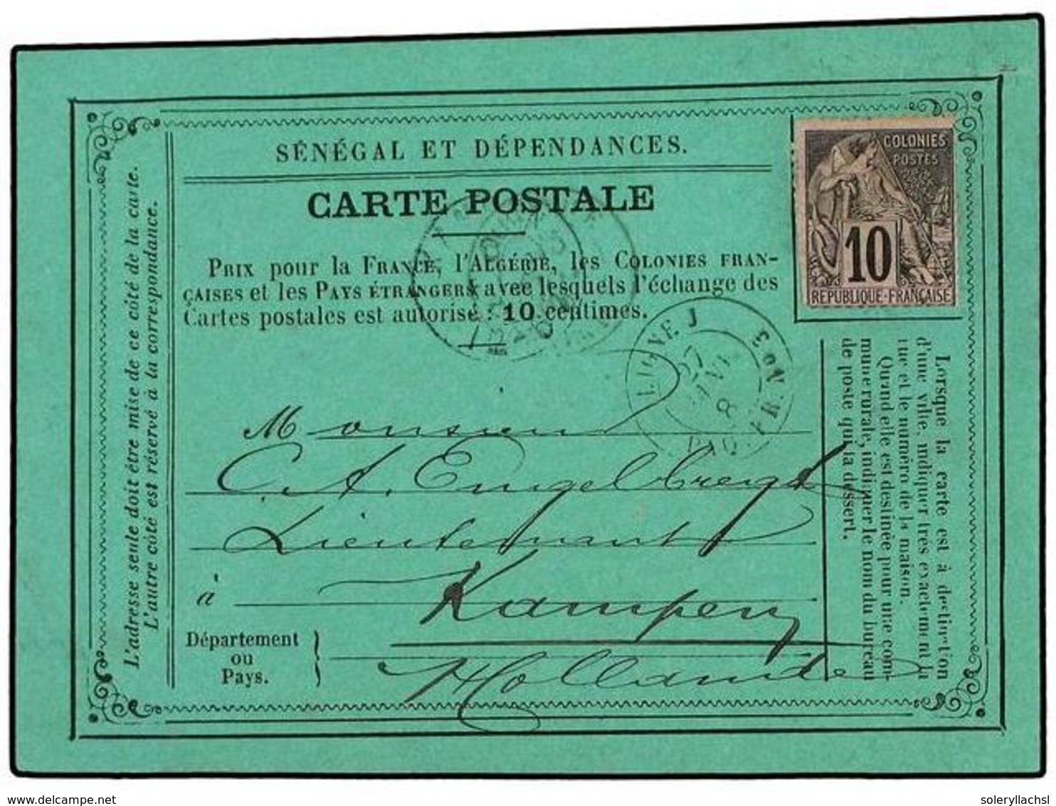 2382 SENEGAL. 1908. Postal Card Franked With <B>10 C.</B> Dubois Issue (uncancelled) Prepaying The UPU Card Rate To HOLL - Other & Unclassified