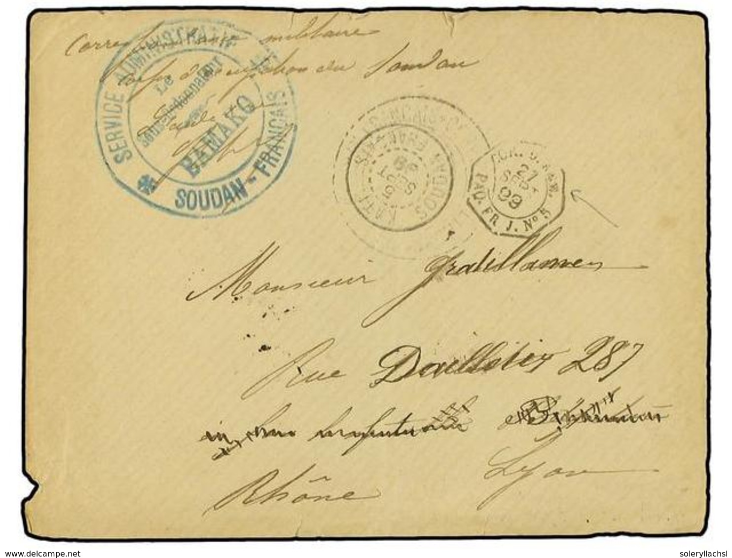 2393 SUDAN. 1899 (Sept 5). Military Concession Stampless Cover With Blue <B>'Service Administratif-Le Sous Ordonnateur-B - Sonstige & Ohne Zuordnung