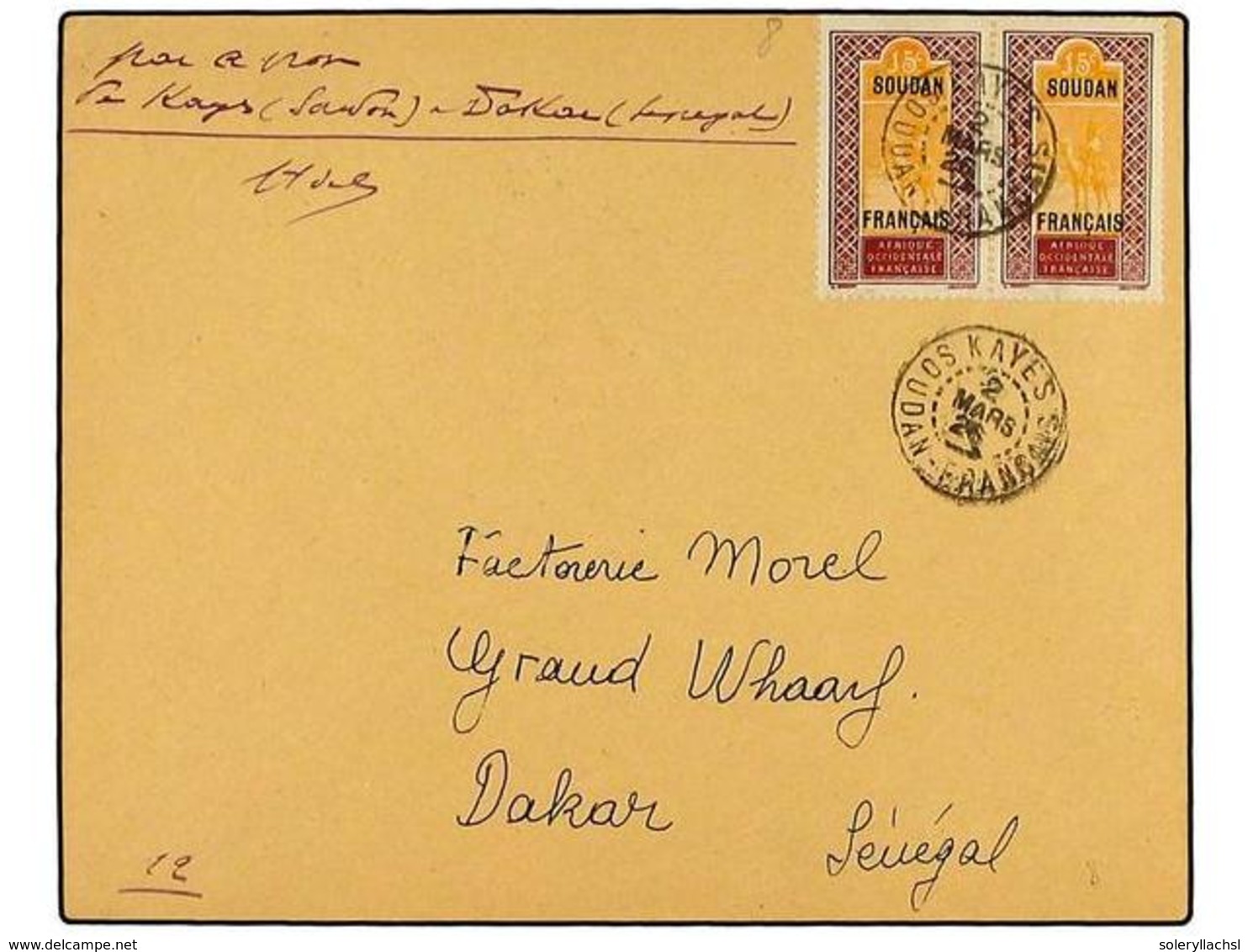 2395 SUDAN. 1926 (2-III). VUELO Especial KAYES (Sudan)-DAKAR (Senegal). Carta Con Franqueo De <B>15 Cts.</B> (2) Con Fir - Other & Unclassified