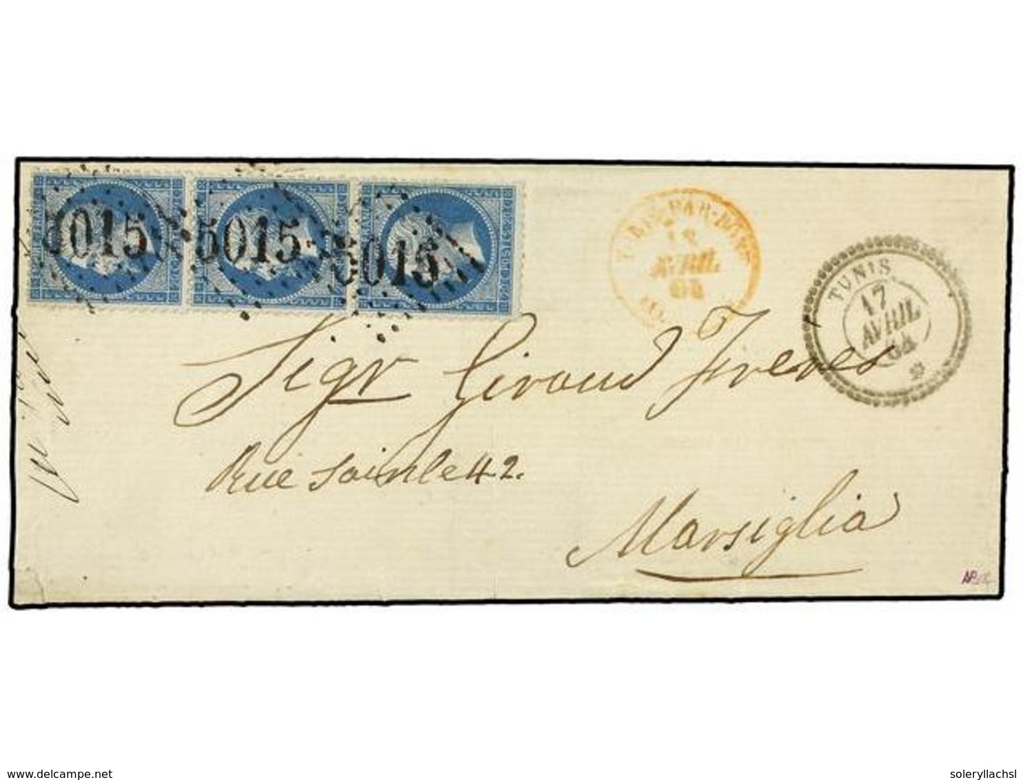 2402 TUNEZ. Yv.22 (3). 1864. TUNIS A MARSELLA. <B>20 Cts.</B> Azul Tira De Tres, Mat. <B>CIFRAS GRANDES '5015'</B> De BO - Sonstige & Ohne Zuordnung