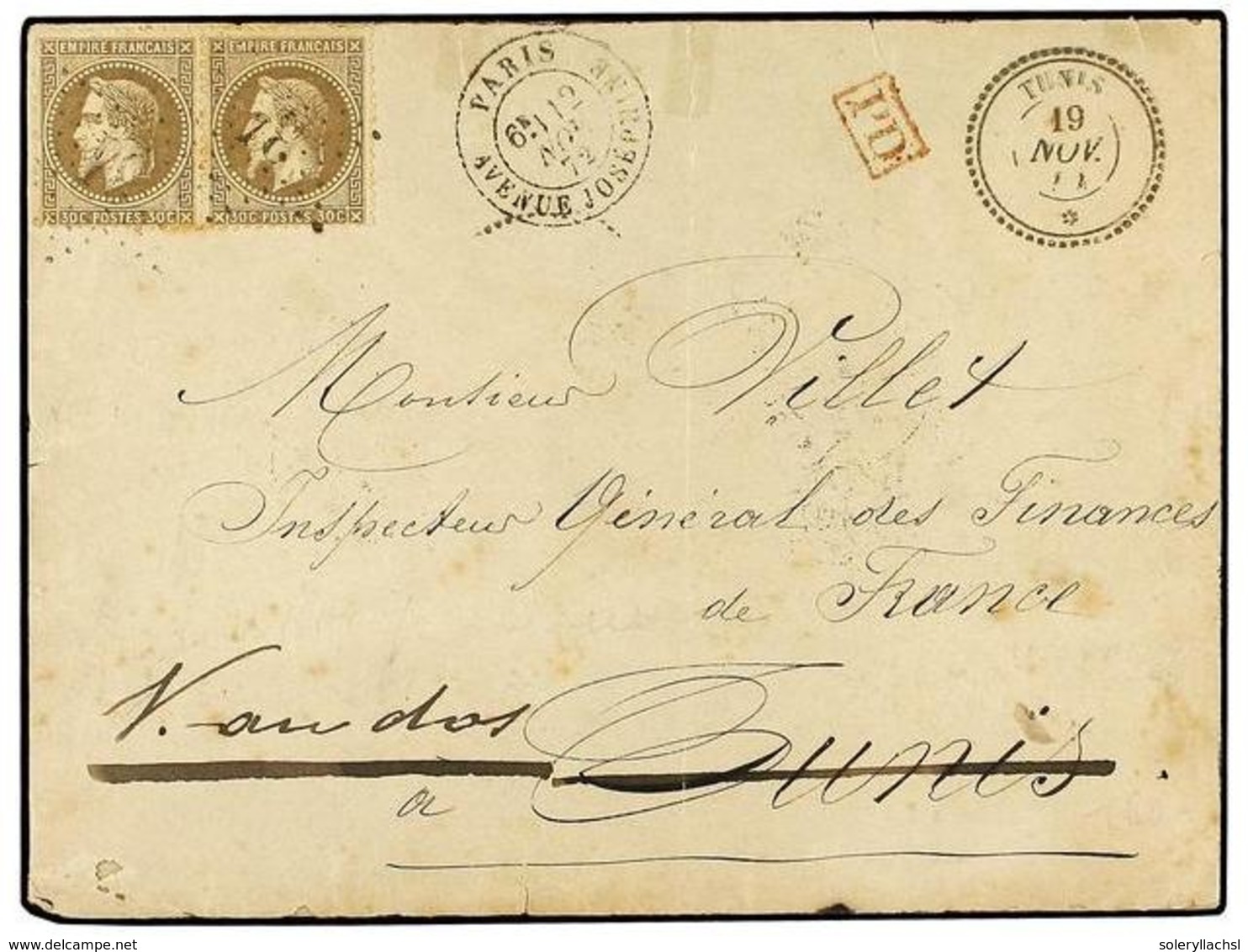 2403 TUNEZ. Ce.30. 1872 (Nov. 12). Cover To TUNIS, Readdressed On Arrival, Franked By Laureated 1863-67 <B>30c.</B> Brow - Other & Unclassified